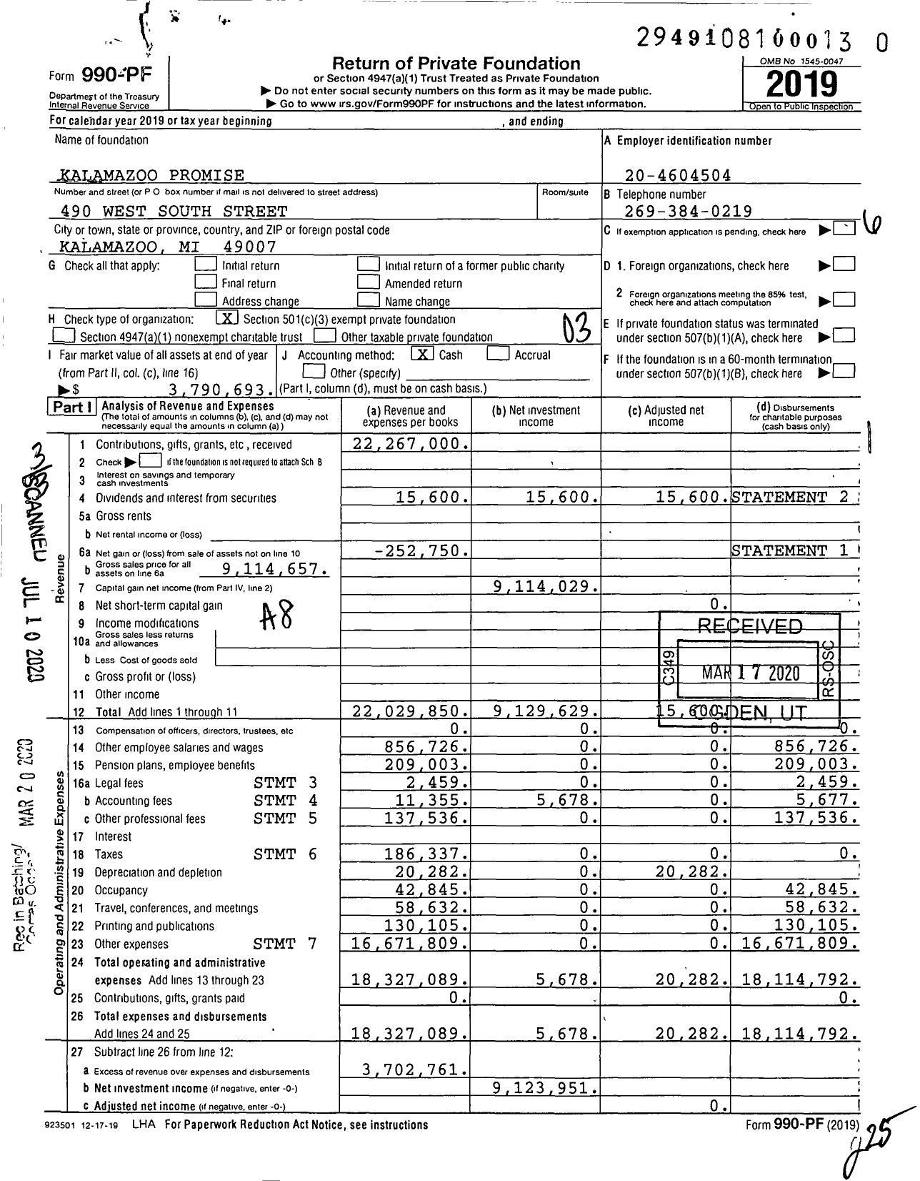 Image of first page of 2019 Form 990PR for Kalamazoo Promise