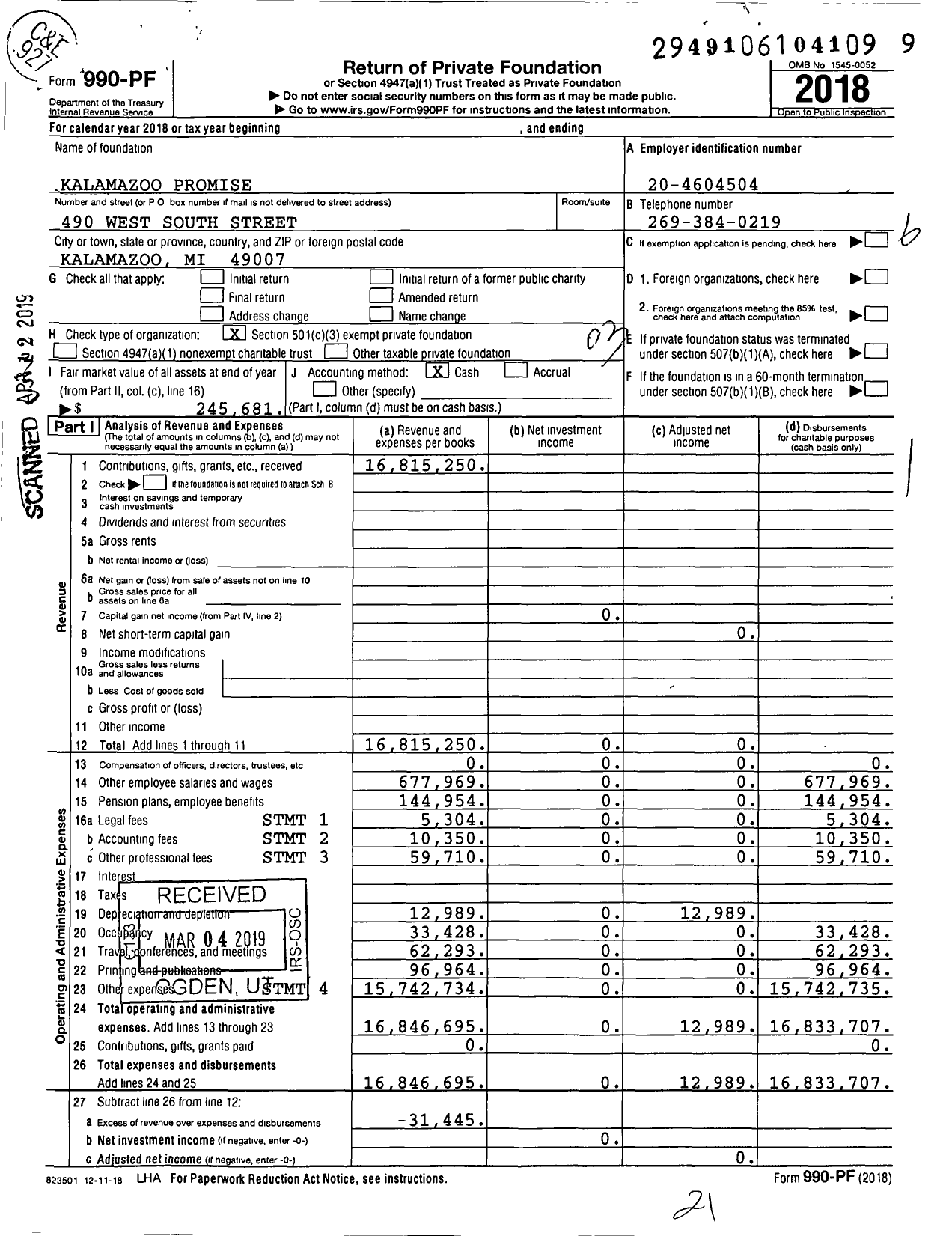 Image of first page of 2018 Form 990PF for Kalamazoo Promise