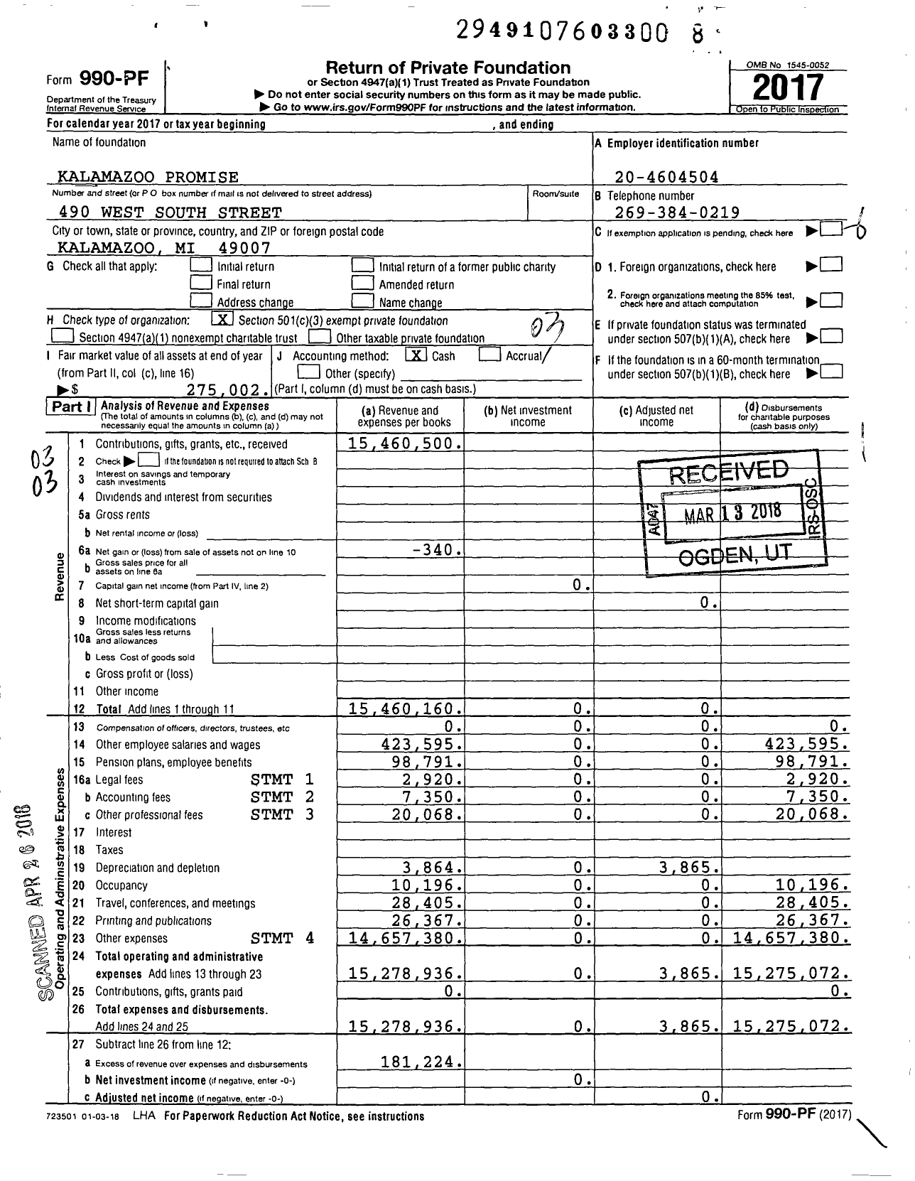 Image of first page of 2017 Form 990PF for Kalamazoo Promise
