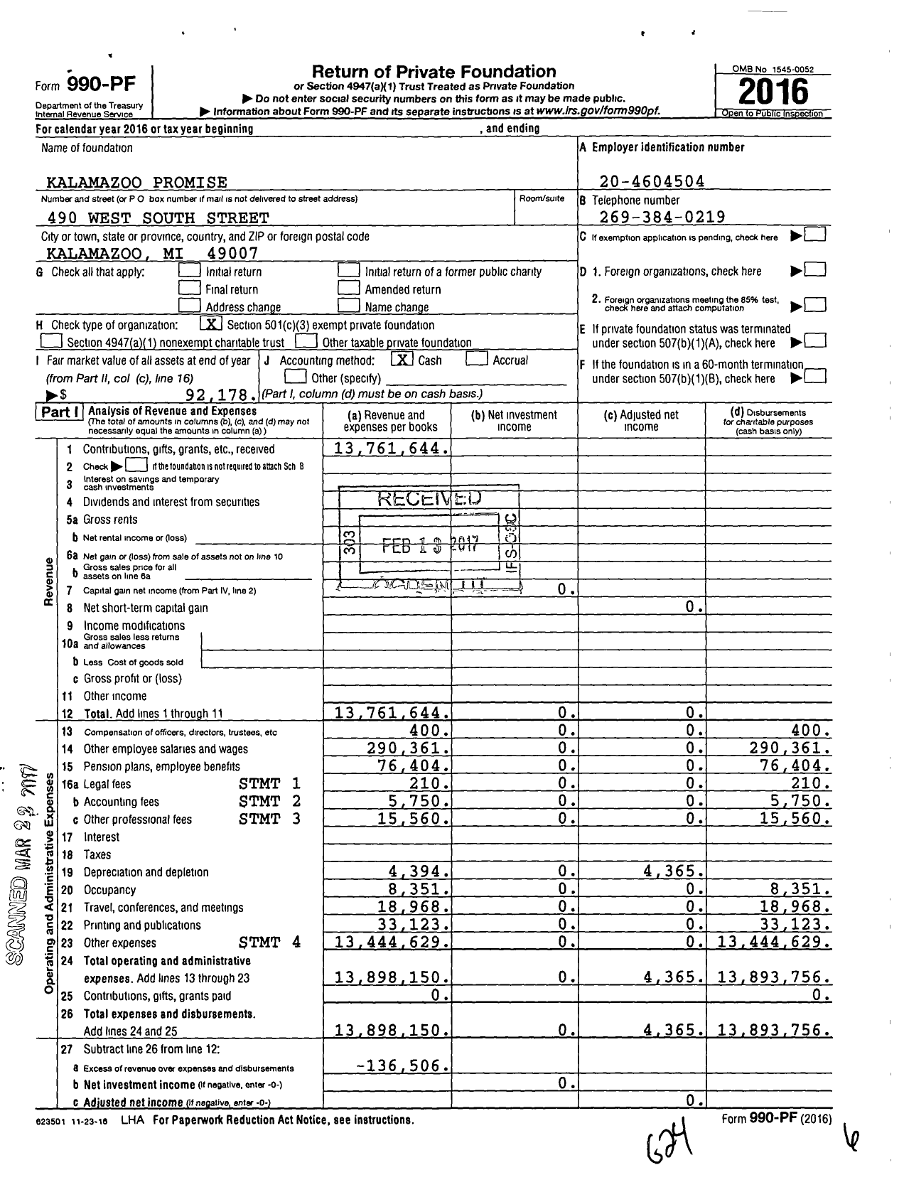 Image of first page of 2016 Form 990PF for Kalamazoo Promise
