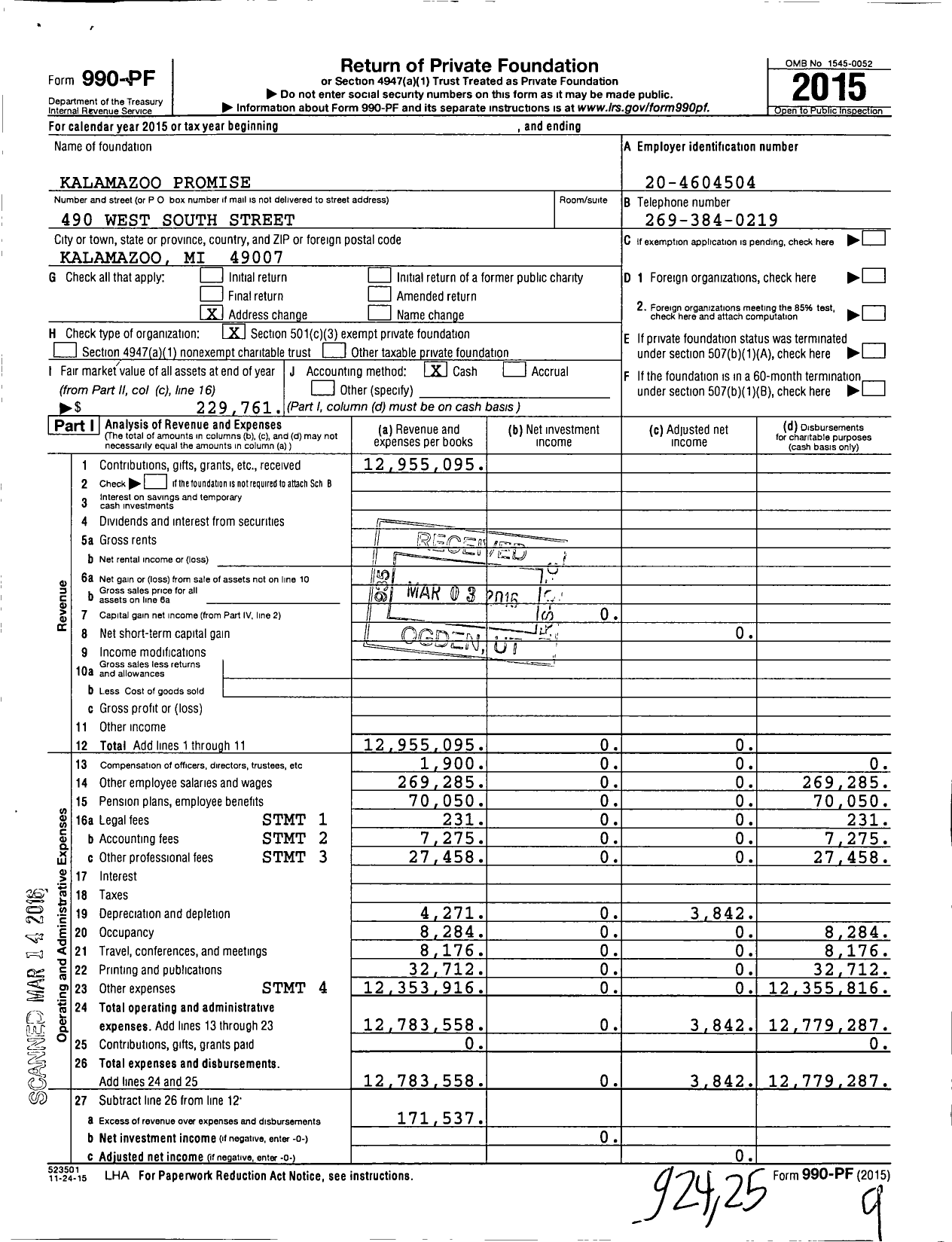 Image of first page of 2015 Form 990PF for Kalamazoo Promise
