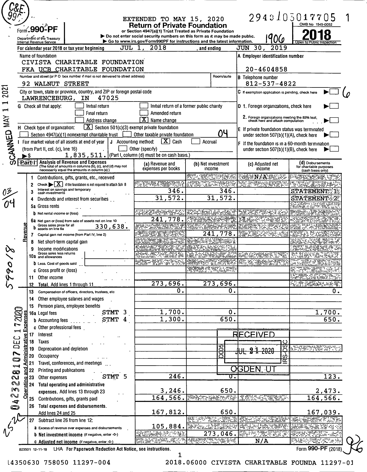 Image of first page of 2018 Form 990PF for Civista Charitable Foundation