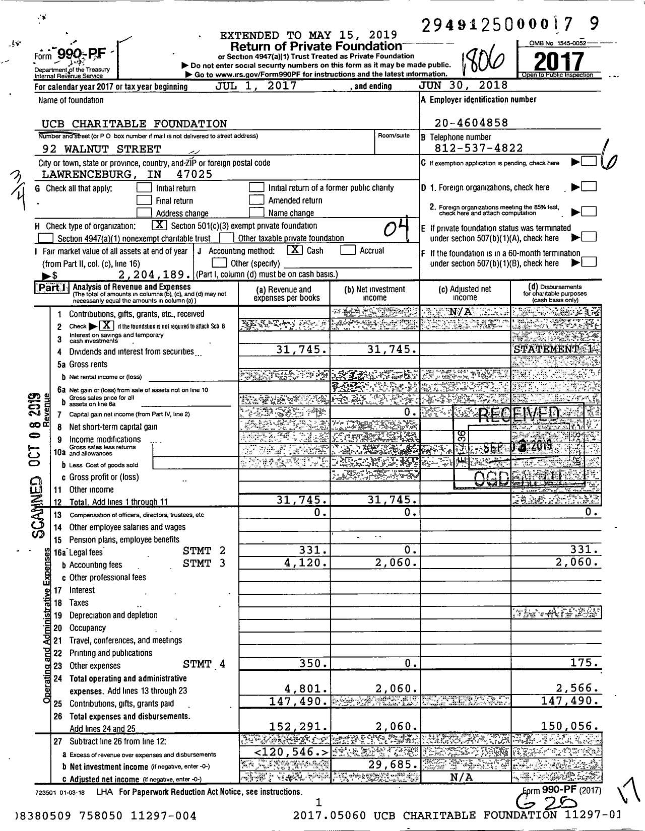 Image of first page of 2017 Form 990PF for Civista Charitable Foundation
