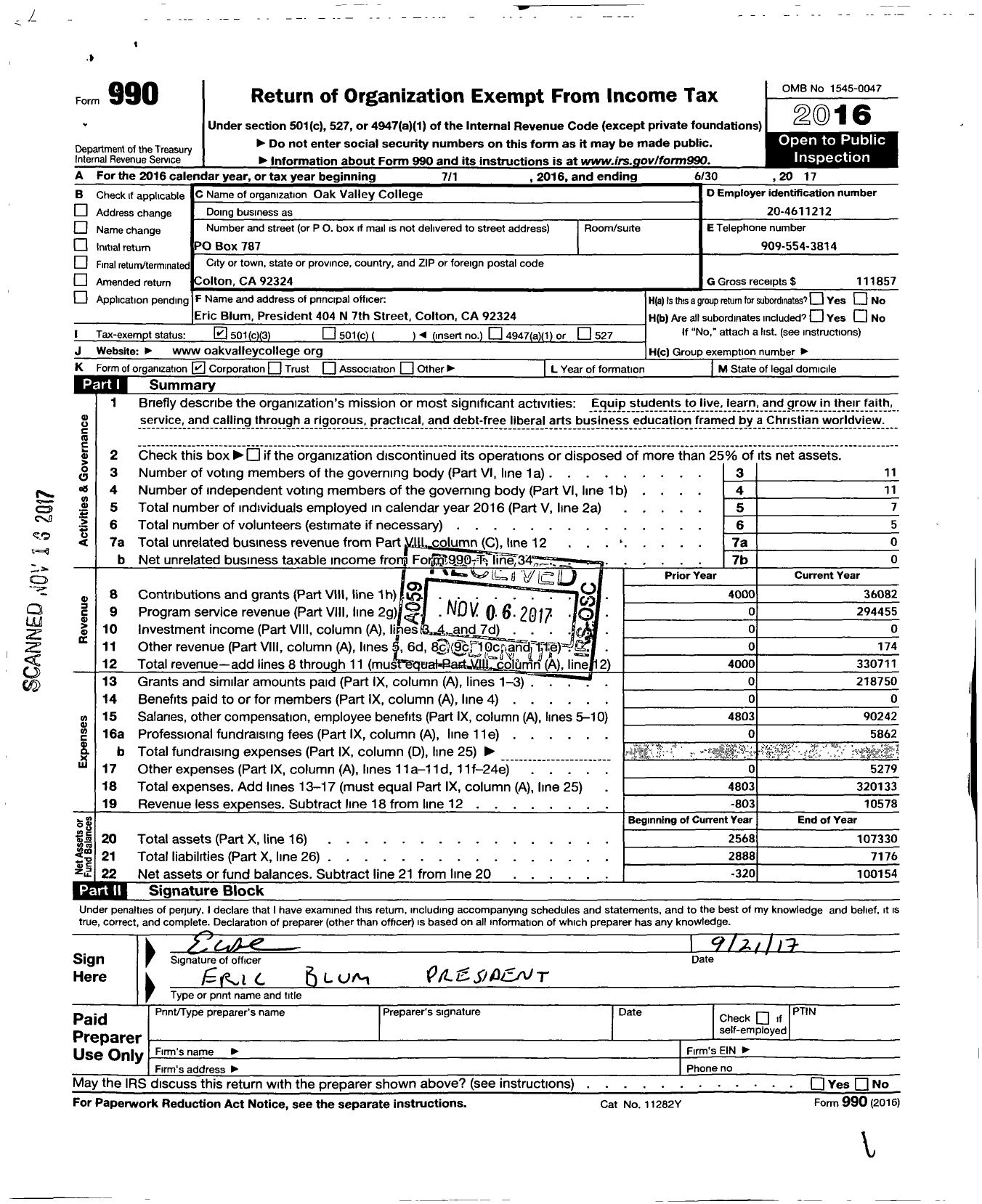 Image of first page of 2016 Form 990 for Oak Valley College