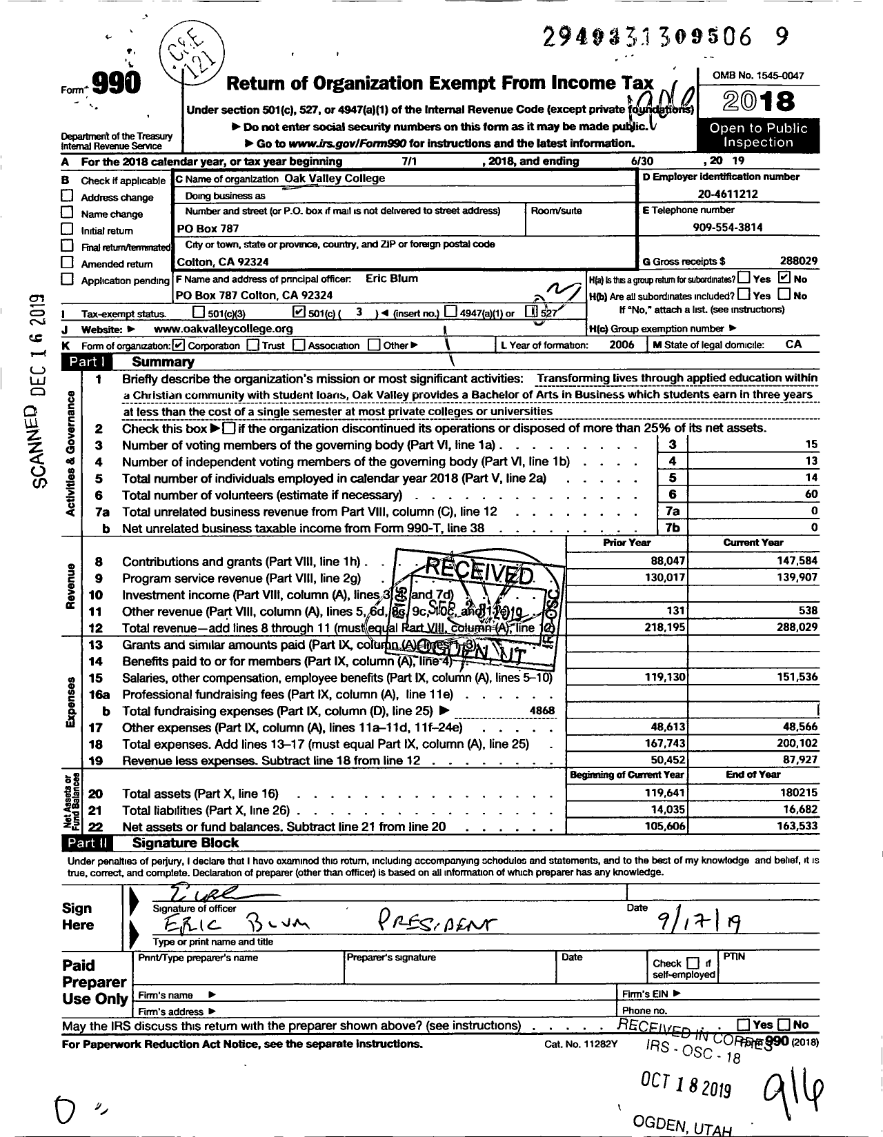 Image of first page of 2018 Form 990 for Oak Valley College