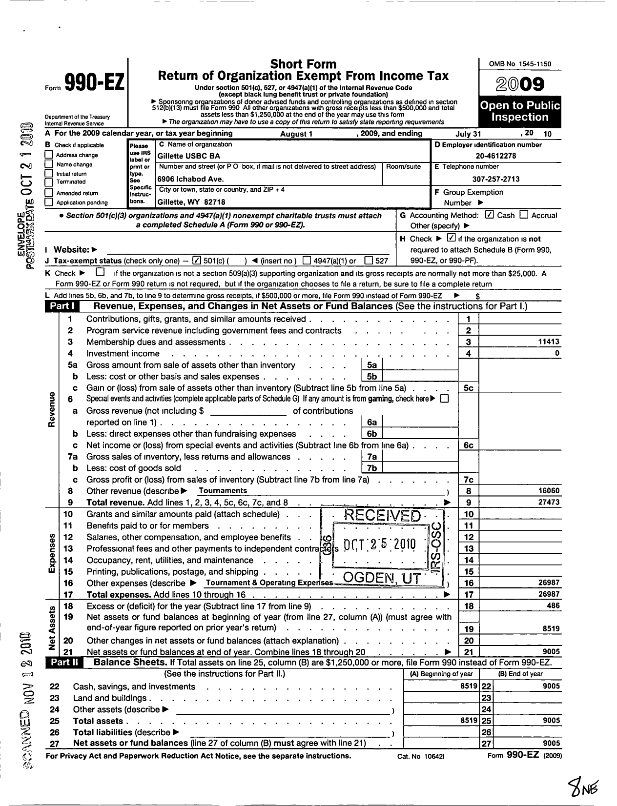 Image of first page of 2009 Form 990EO for United States Bowling Congress - 86390 Gillete Usbc