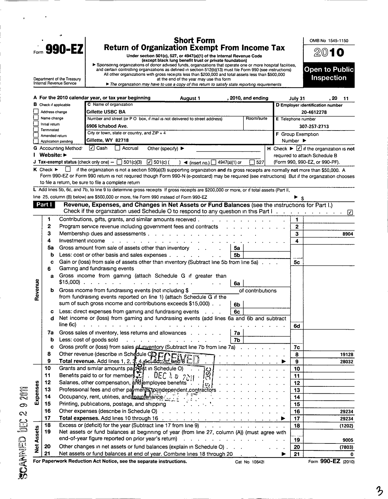 Image of first page of 2010 Form 990EO for United States Bowling Congress - 86390 Gillete Usbc