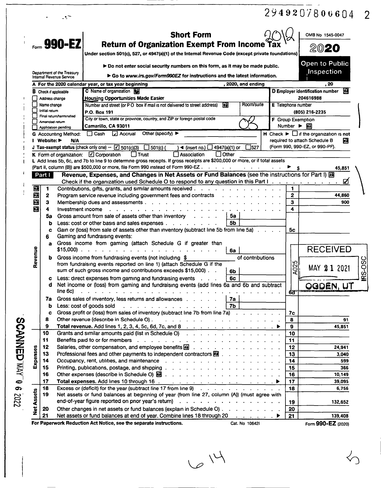 Image of first page of 2020 Form 990EZ for Housing Opportunities Made Easier (HOME)