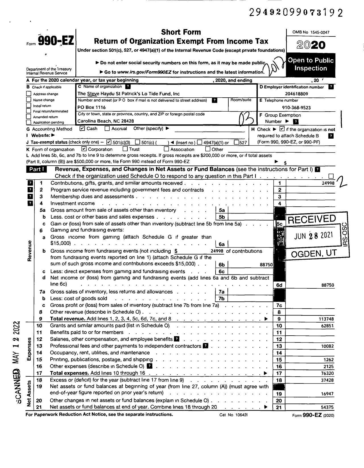 Image of first page of 2020 Form 990EZ for Steve Haydu St Patricks Lo Tide Fund