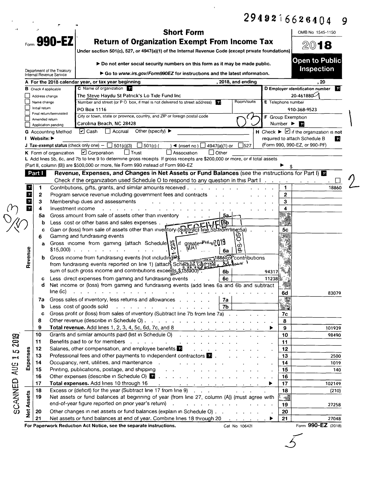 Image of first page of 2018 Form 990EZ for Steve Haydu St Patricks Lo Tide Fund