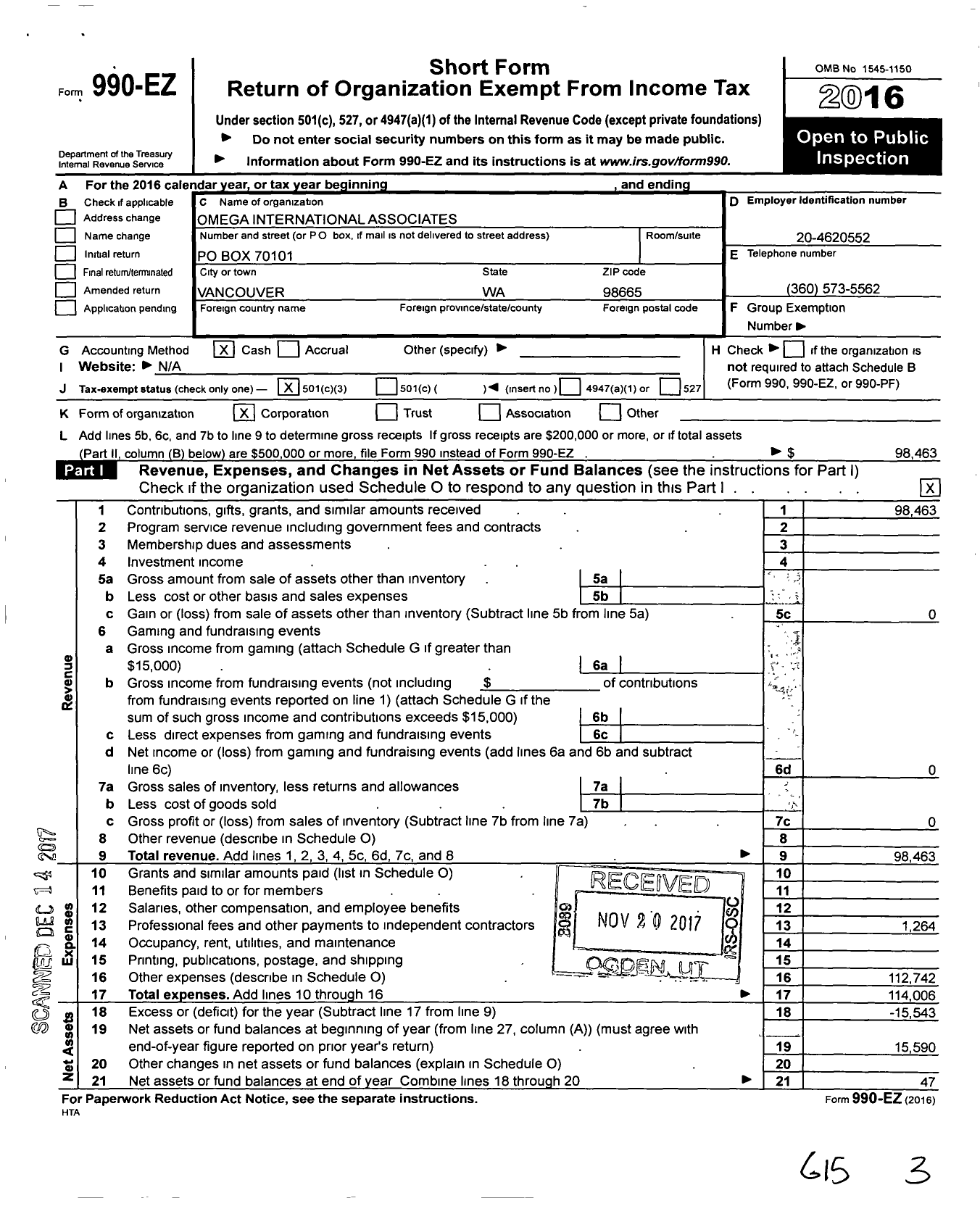 Image of first page of 2016 Form 990EZ for Omega International Associates