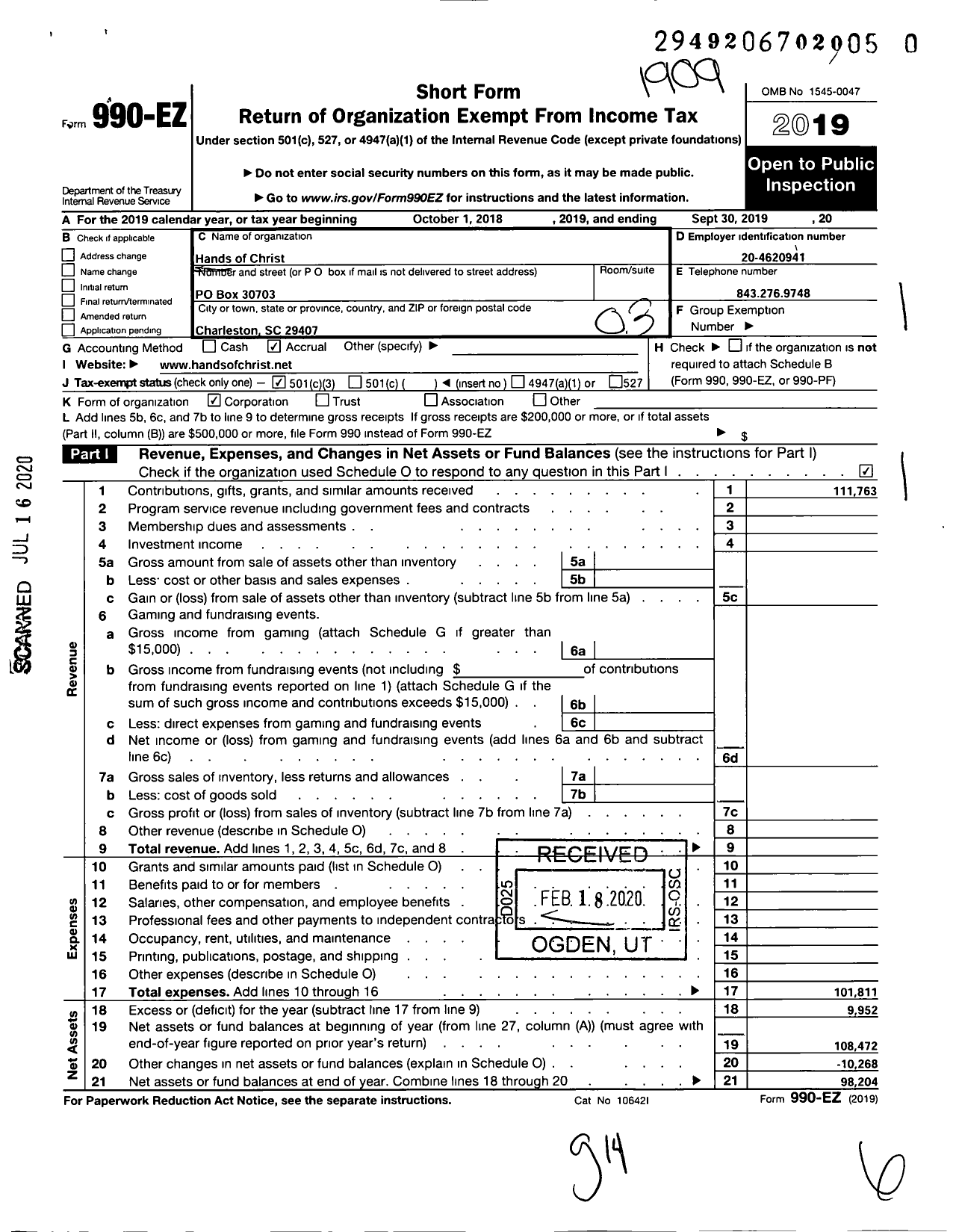 Image of first page of 2018 Form 990EZ for Hands of Christ