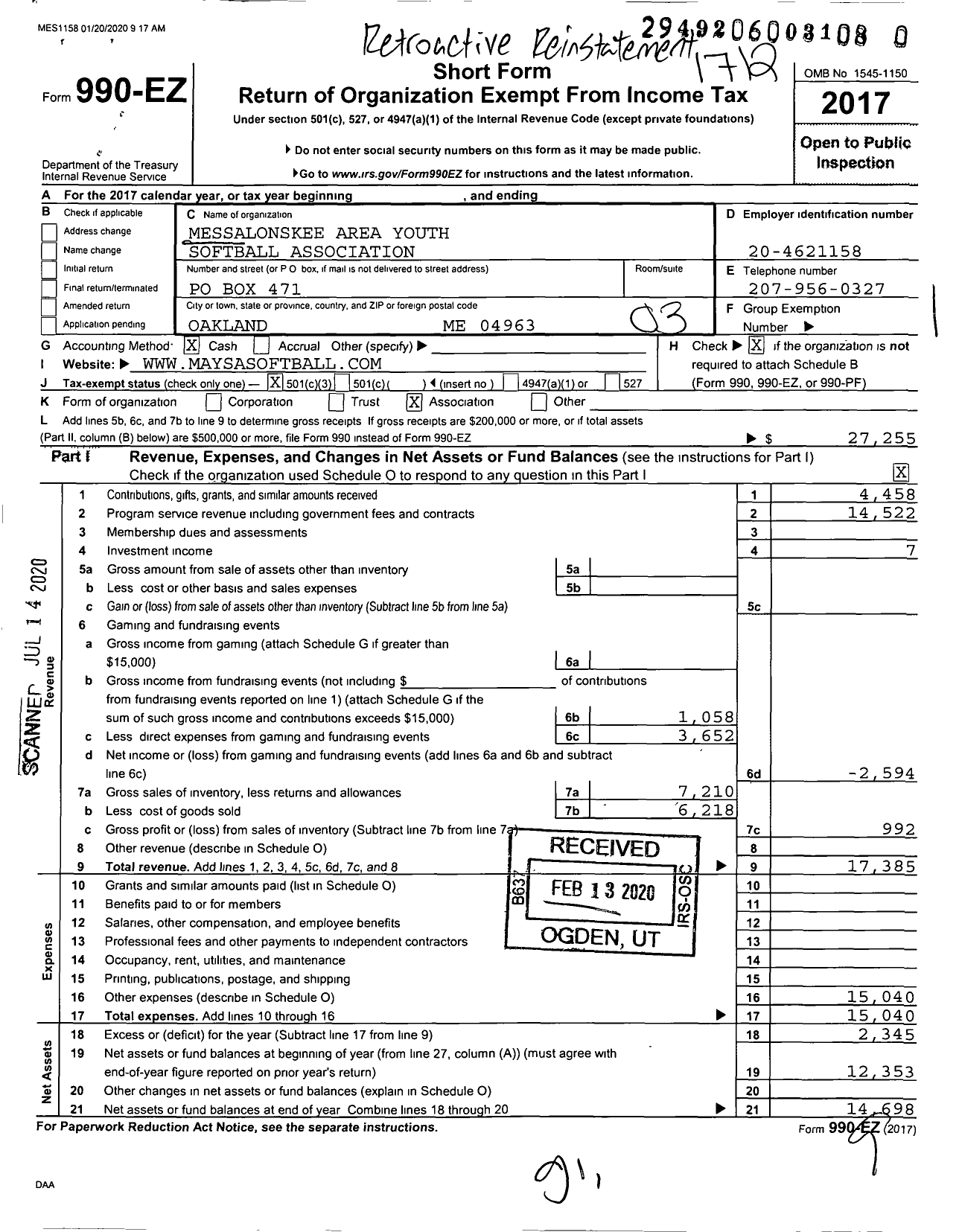 Image of first page of 2017 Form 990EZ for Messalonskee Area Youth