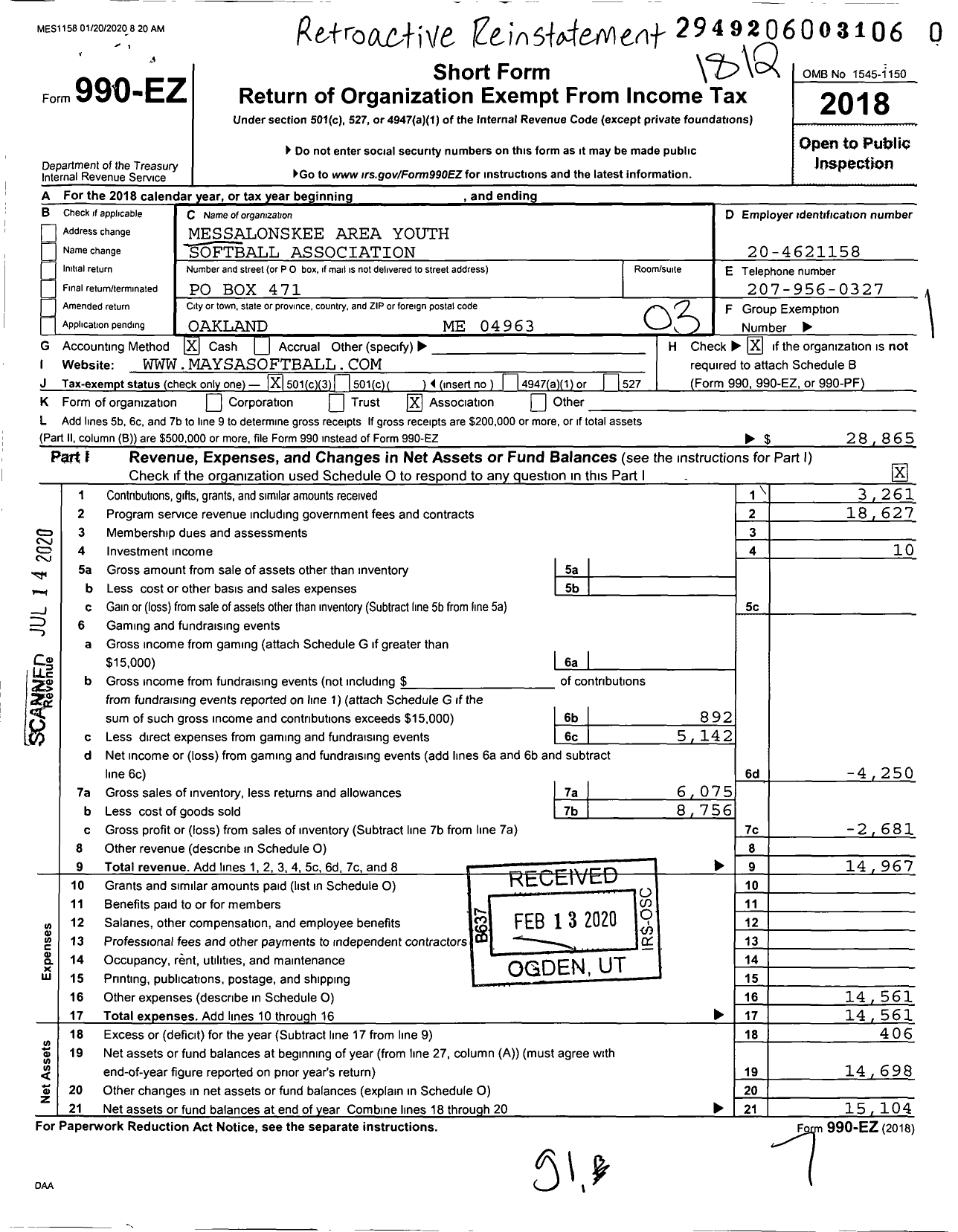 Image of first page of 2018 Form 990EZ for Messalonskee Area Youth