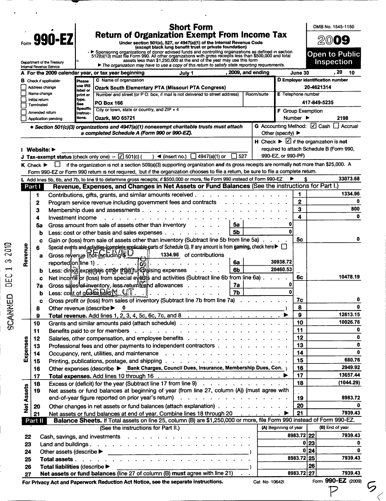 Image of first page of 2009 Form 990EO for Ozark South Elementary PTA Missouri PTA Congress