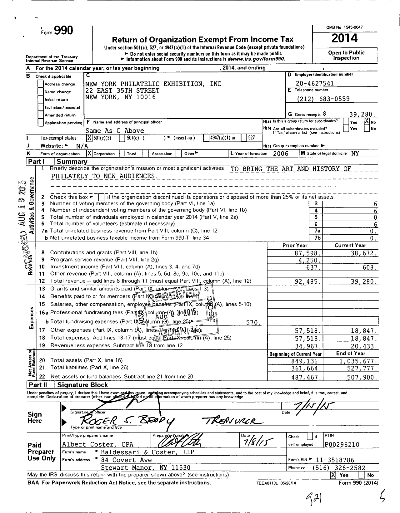 Image of first page of 2014 Form 990 for New York Philatelic Exhibition