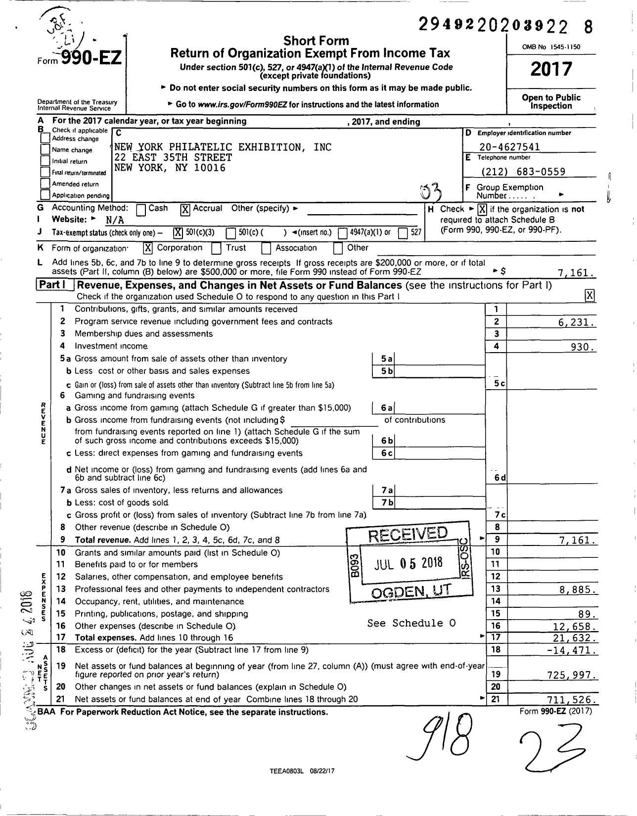 Image of first page of 2017 Form 990EZ for New York Philatelic Exhibition