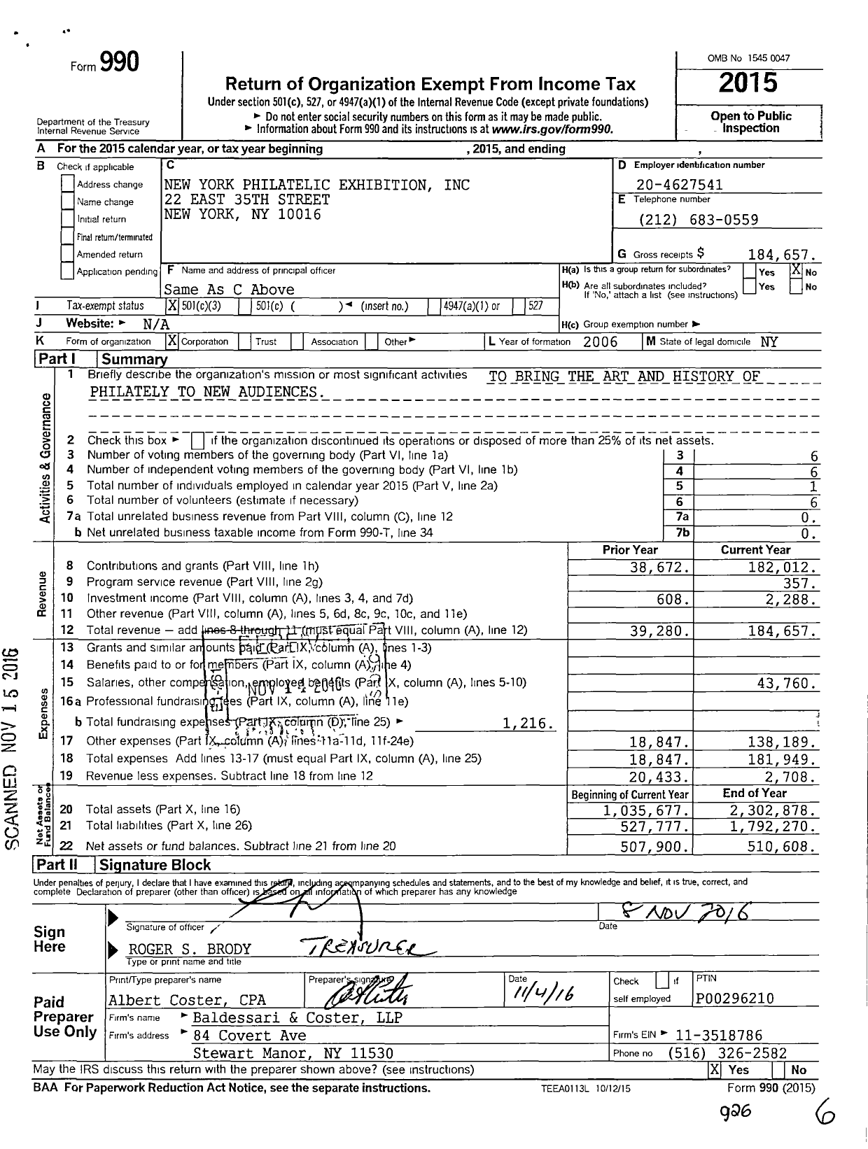 Image of first page of 2015 Form 990 for New York Philatelic Exhibition