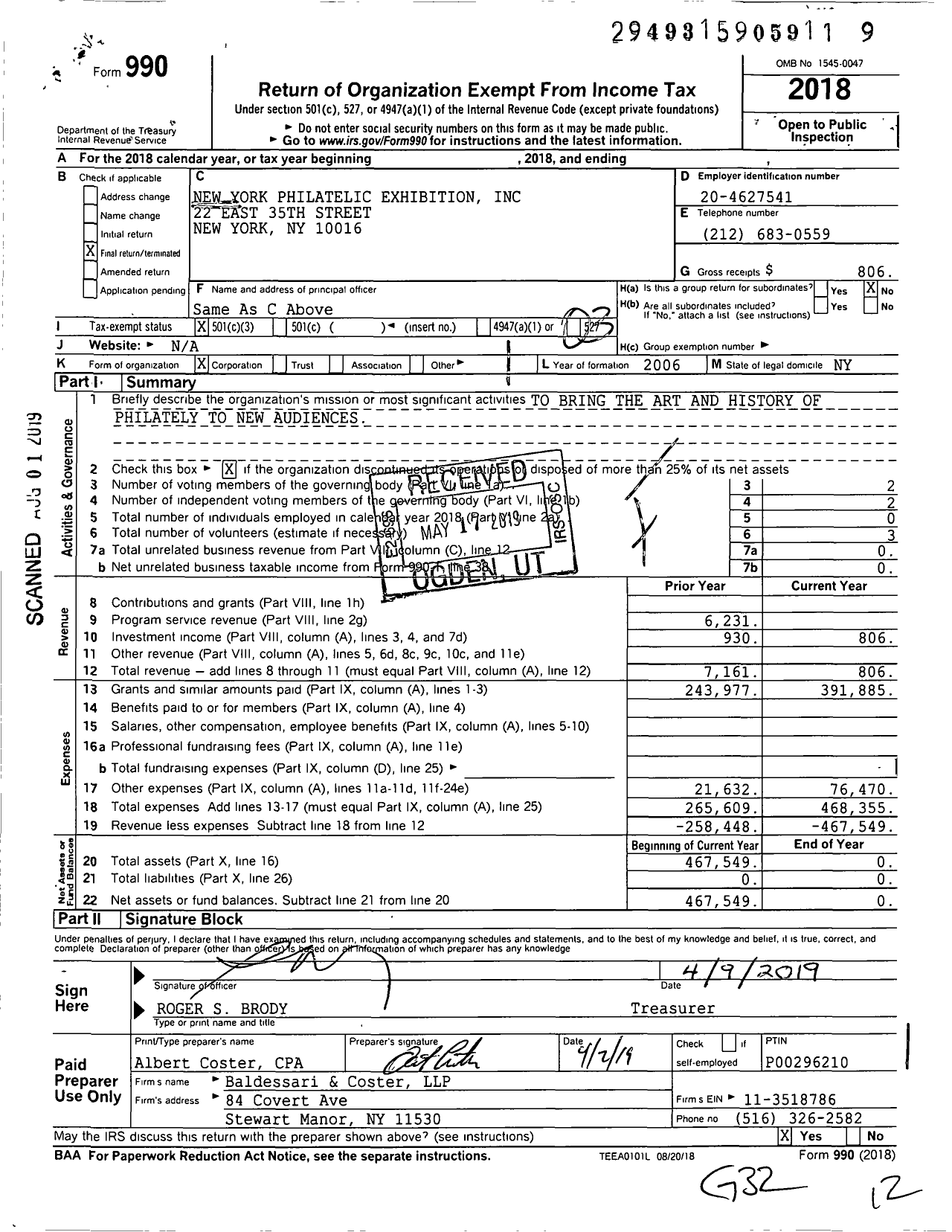 Image of first page of 2018 Form 990 for New York Philatelic Exhibition