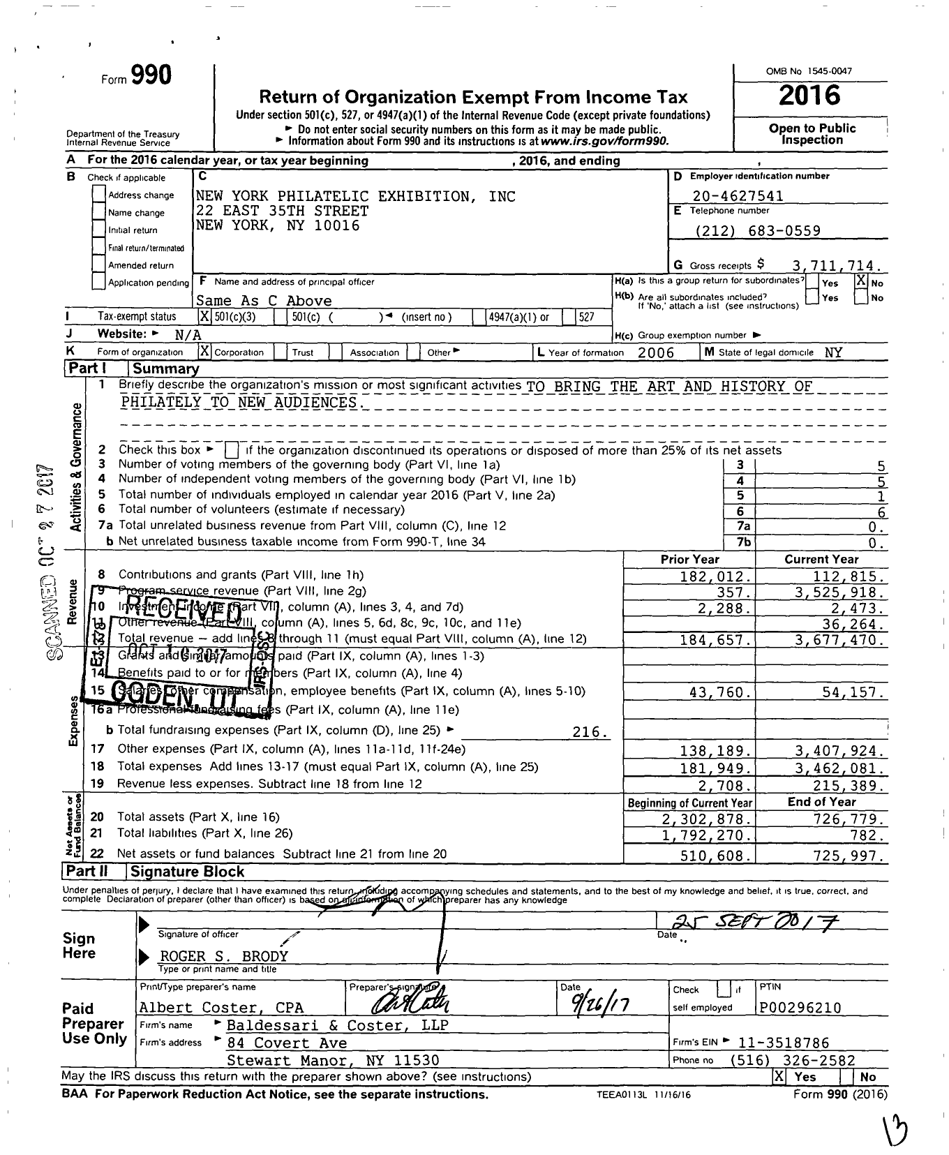 Image of first page of 2016 Form 990 for New York Philatelic Exhibition