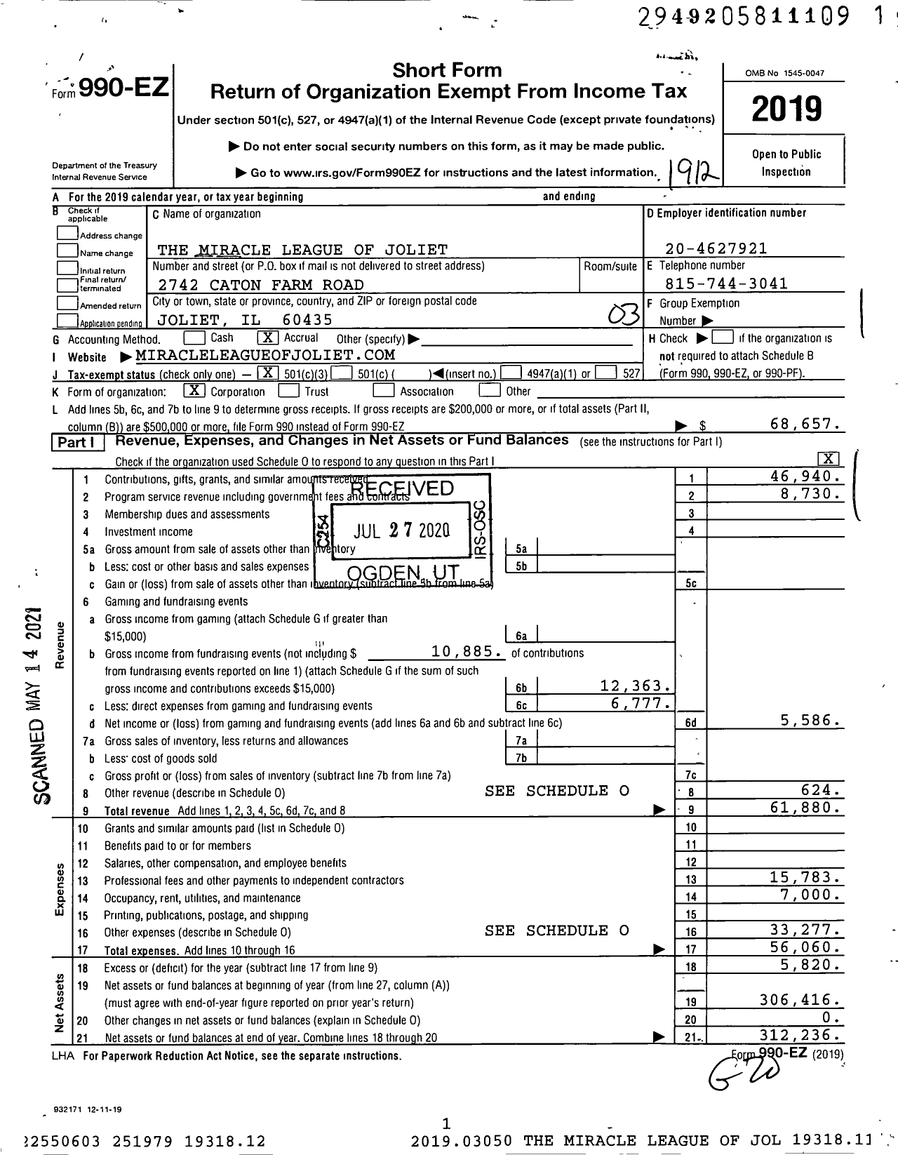 Image of first page of 2019 Form 990EZ for The Miracle League of Joliet