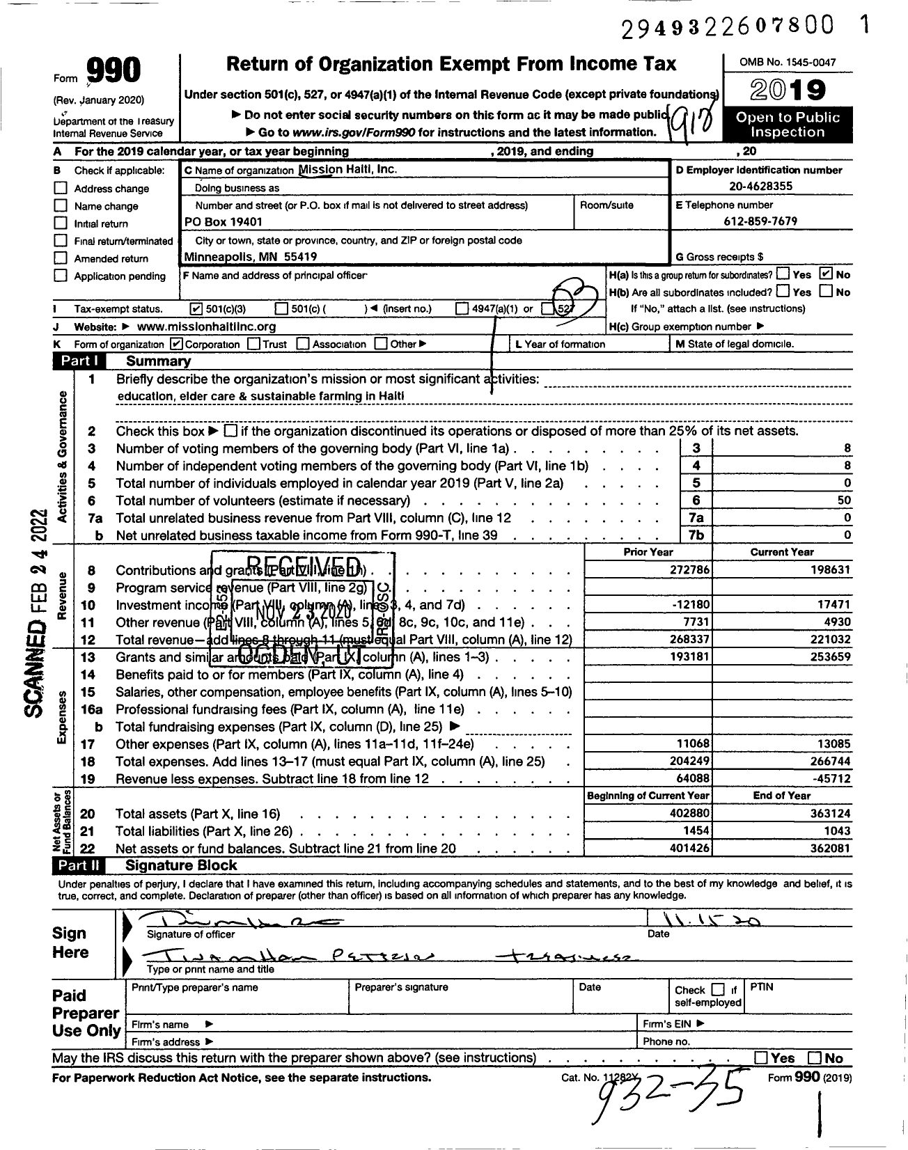 Image of first page of 2019 Form 990 for Mission Haiti