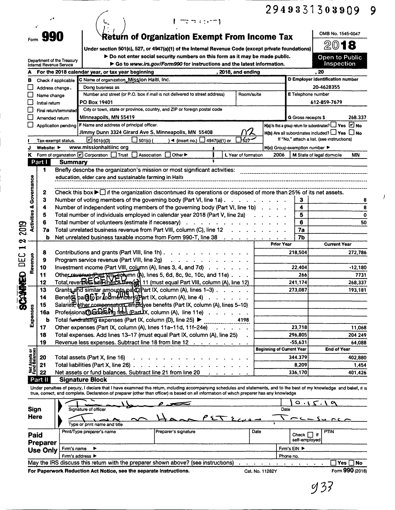 Image of first page of 2018 Form 990 for Mission Haiti