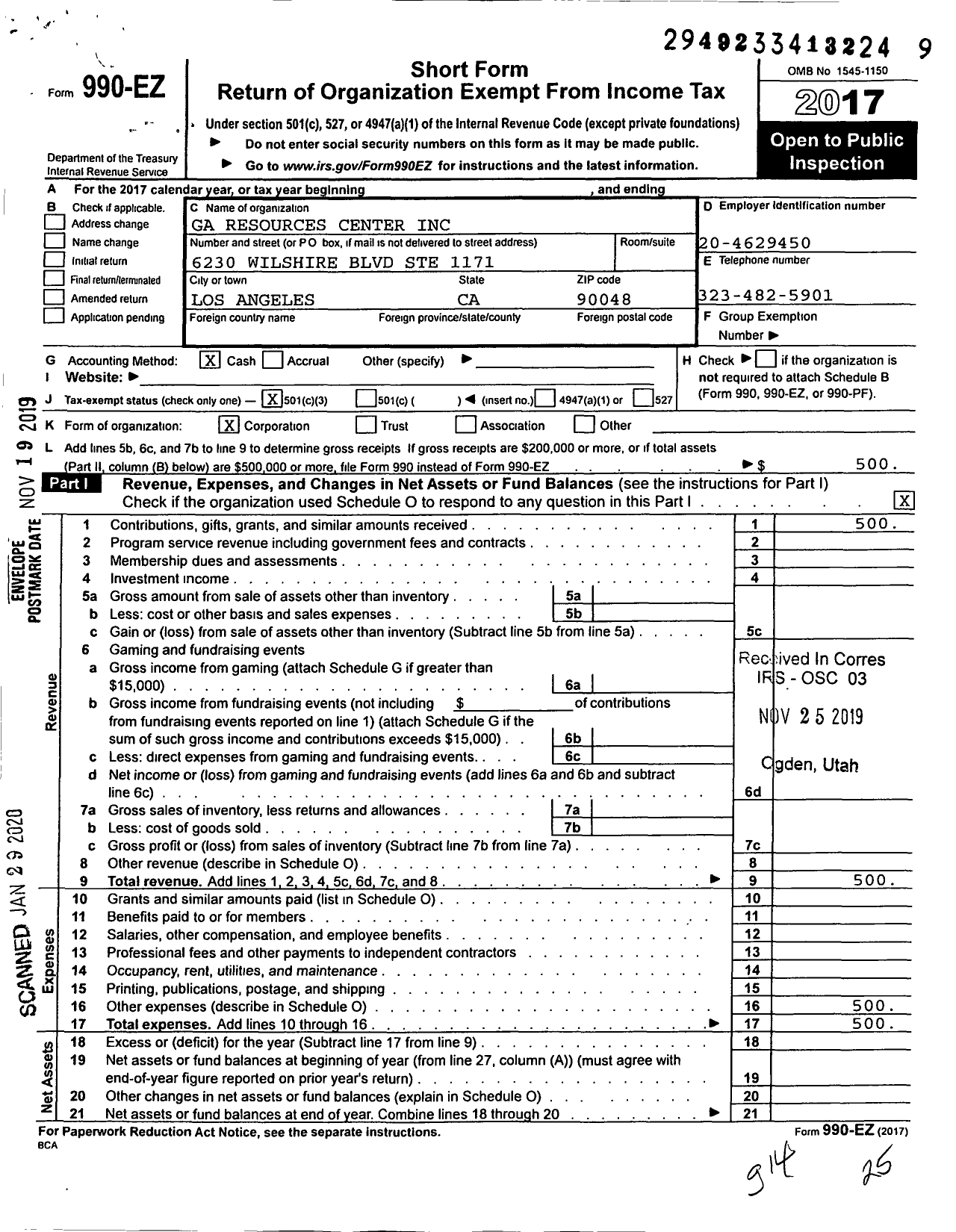 Image of first page of 2017 Form 990EZ for Ga Resource Center