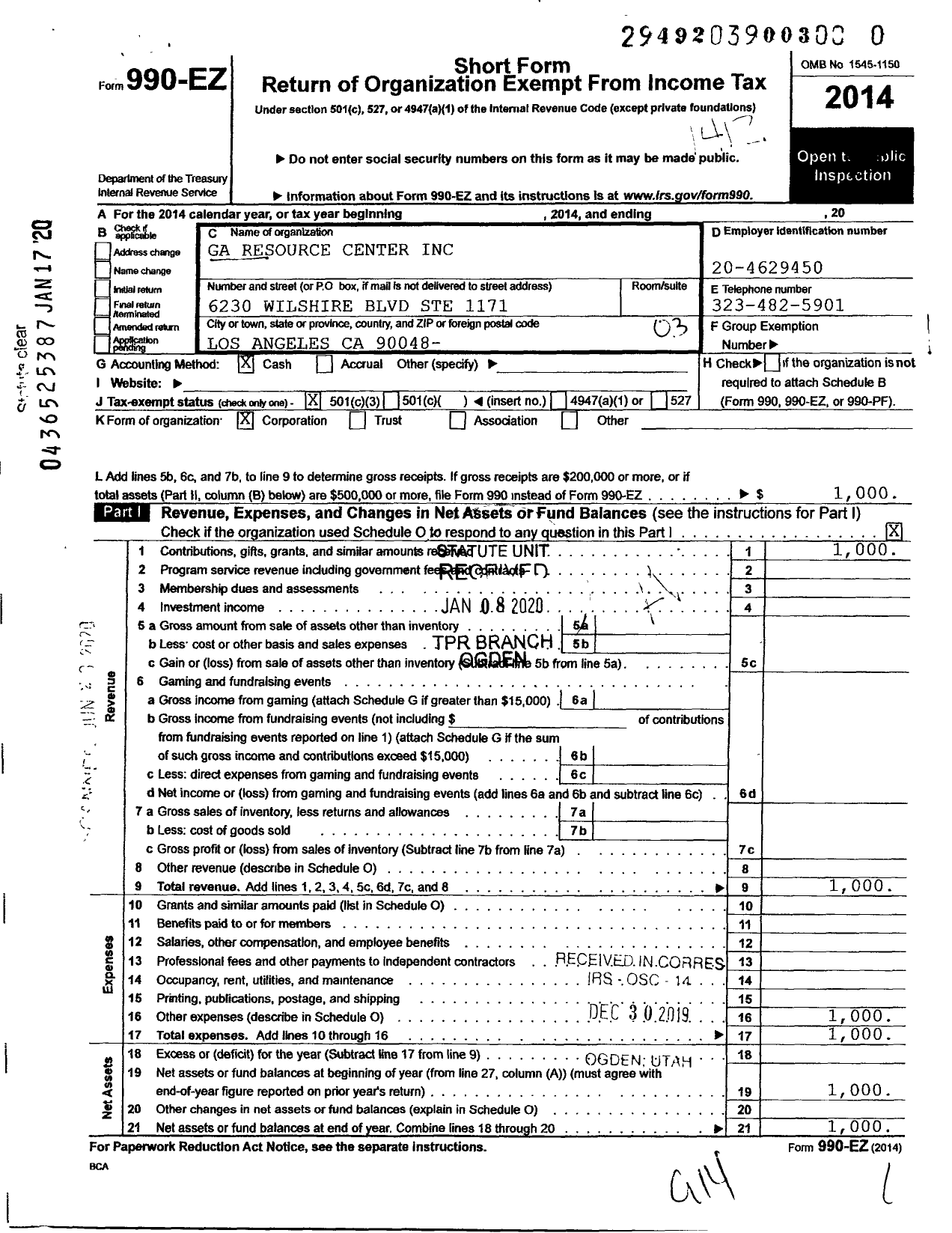 Image of first page of 2014 Form 990EZ for Ga Resource Center