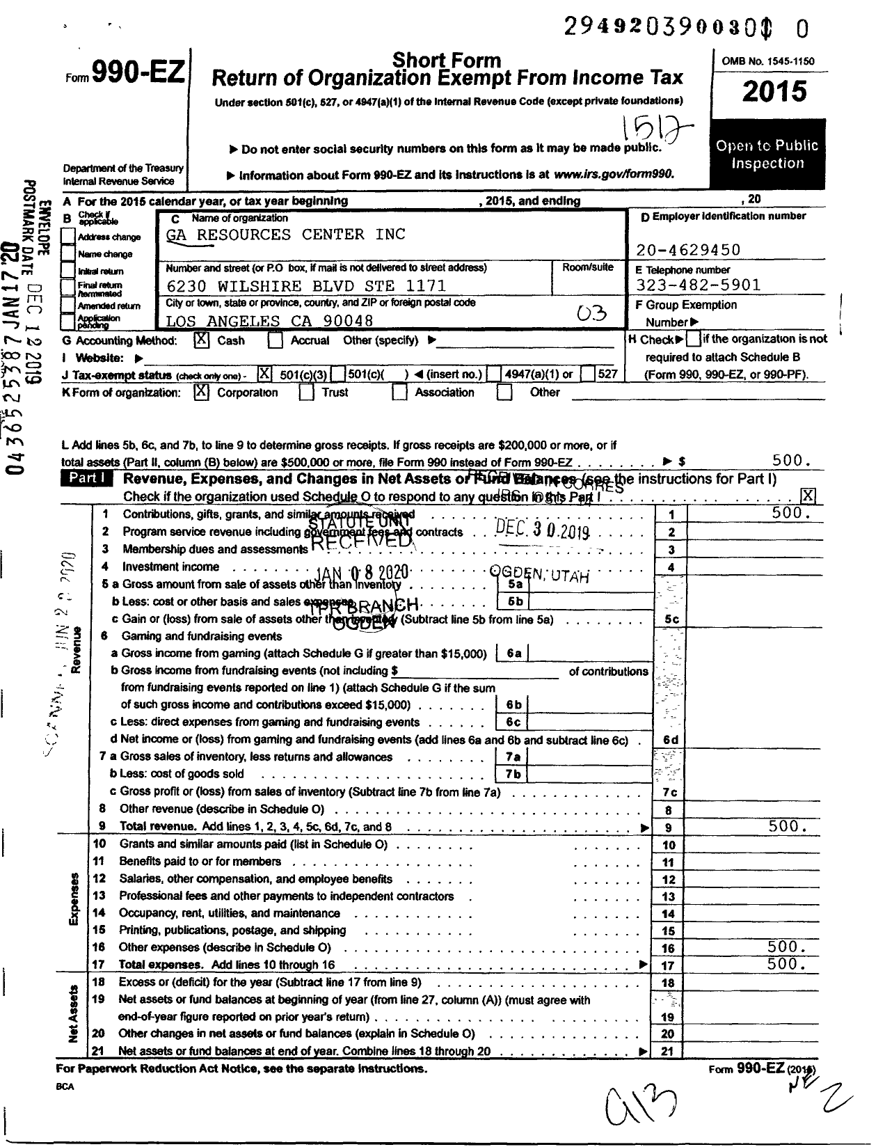 Image of first page of 2015 Form 990EZ for Ga Resource Center