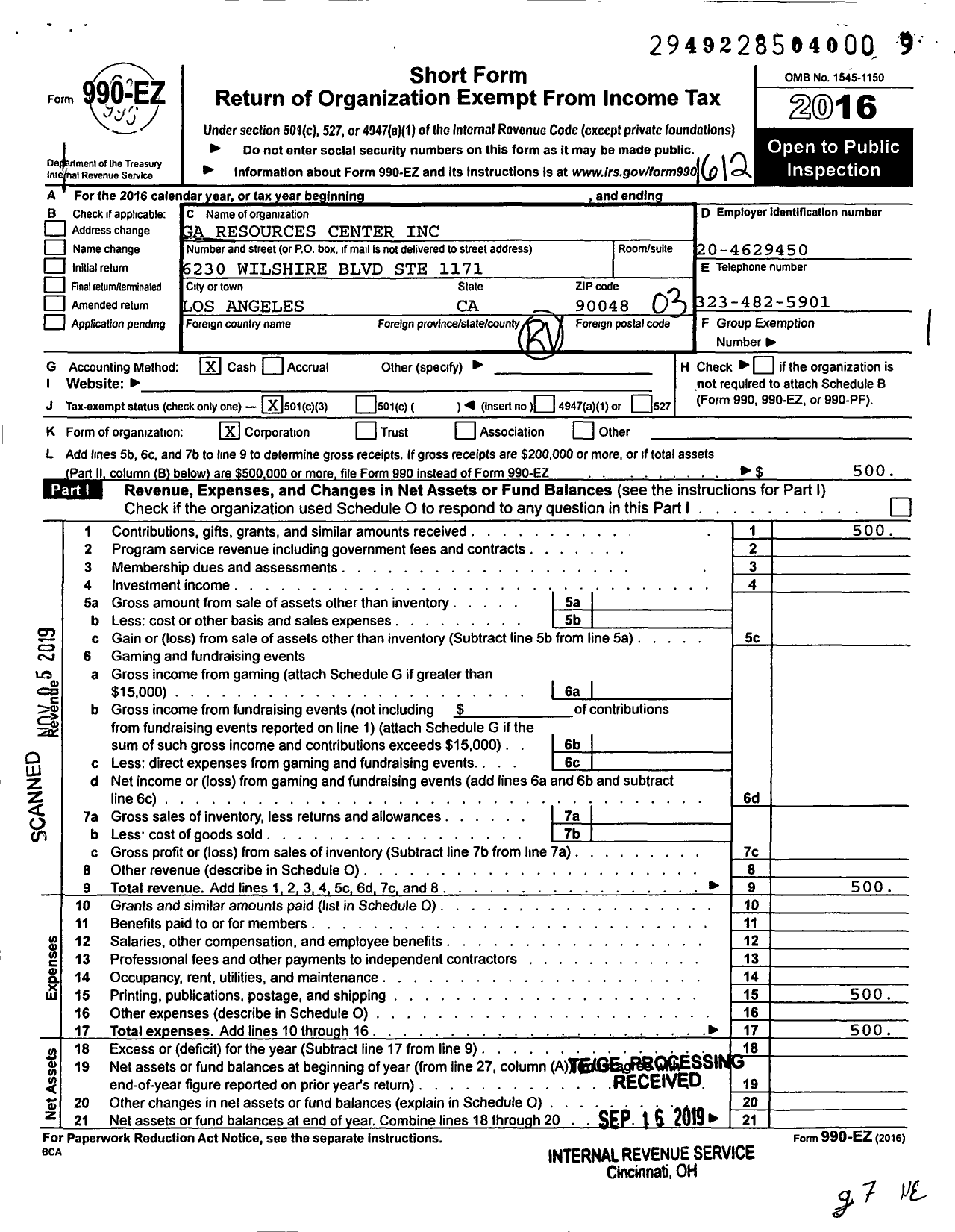 Image of first page of 2016 Form 990EZ for Ga Resource Center