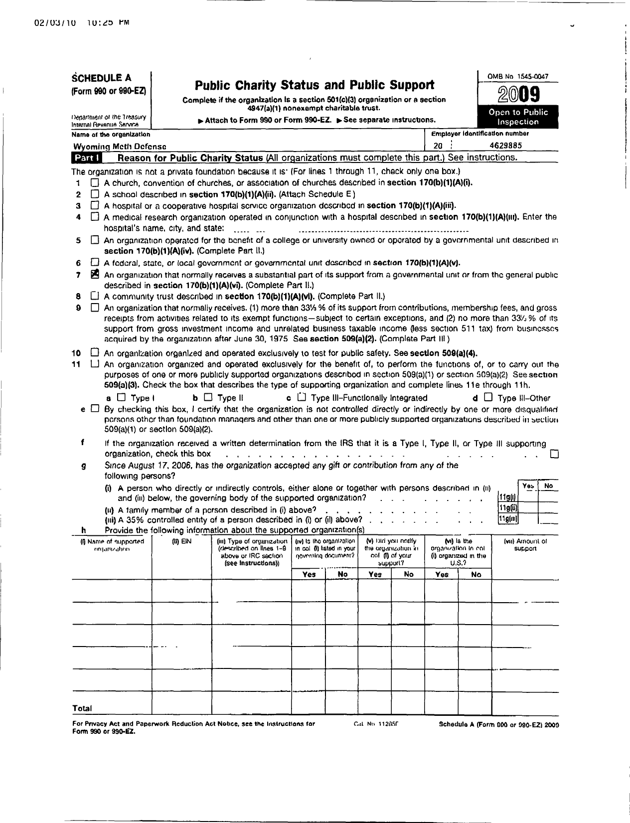 Image of first page of 2009 Form 990ER for Wyoming Meth Defense