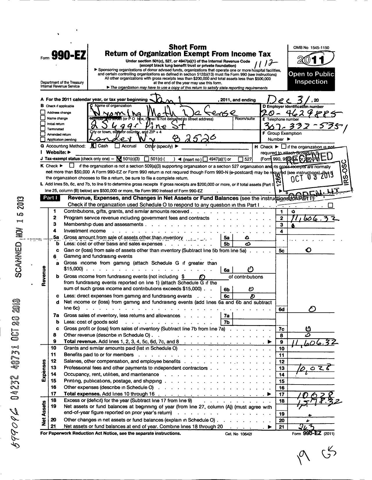 Image of first page of 2011 Form 990EZ for Wyoming Meth Defense