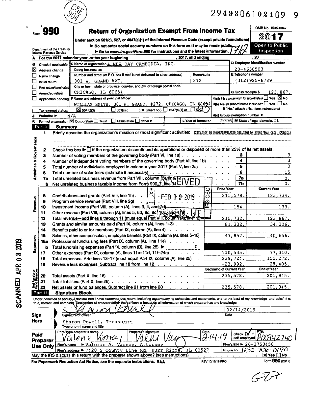 Image of first page of 2017 Form 990 for A New Day Cambodia