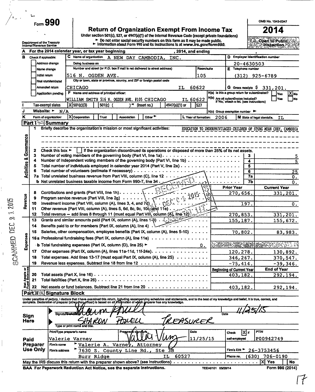 Image of first page of 2014 Form 990 for A New Day Cambodia