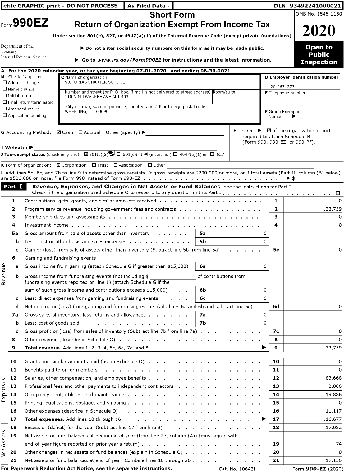 Image of first page of 2020 Form 990EZ for Victorias Charter School