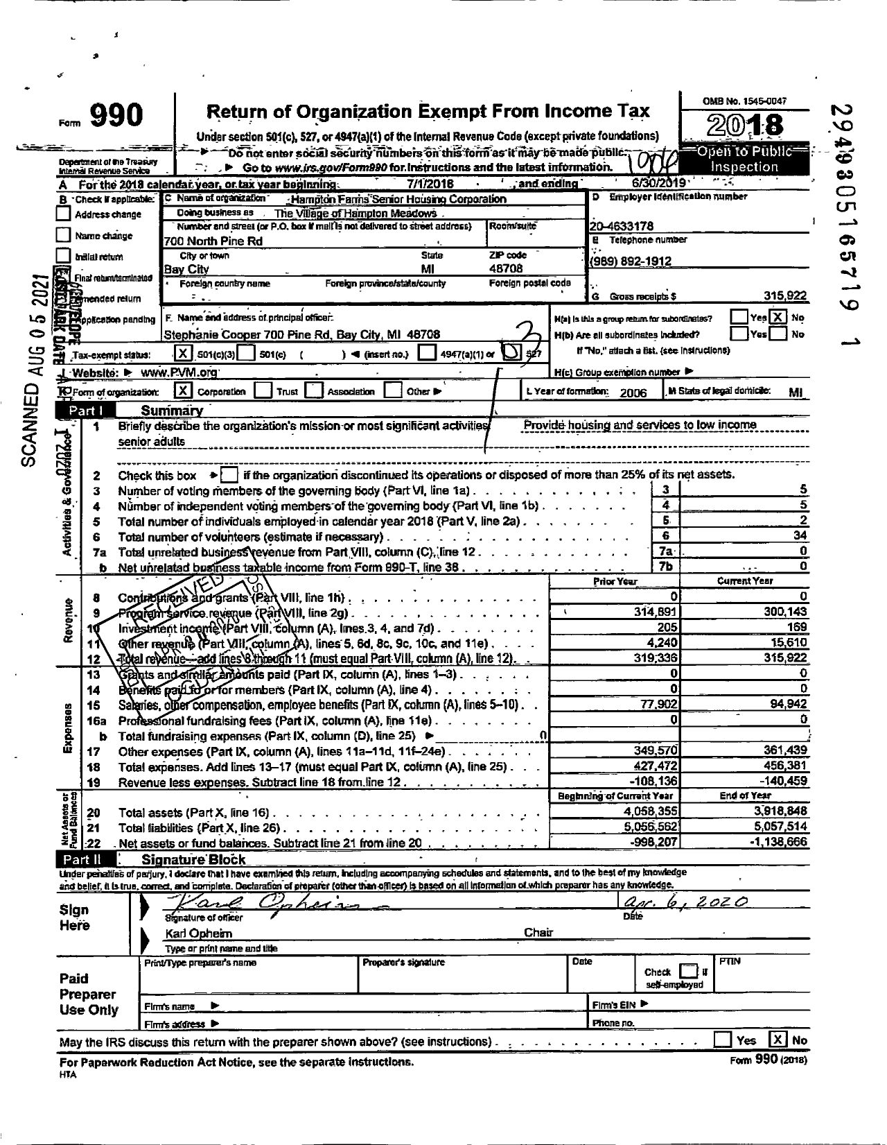 Image of first page of 2018 Form 990 for The Village of Hampton Meadows