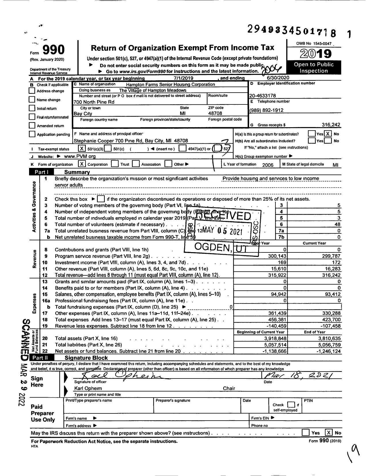 Image of first page of 2019 Form 990 for The Village of Hampton Meadows