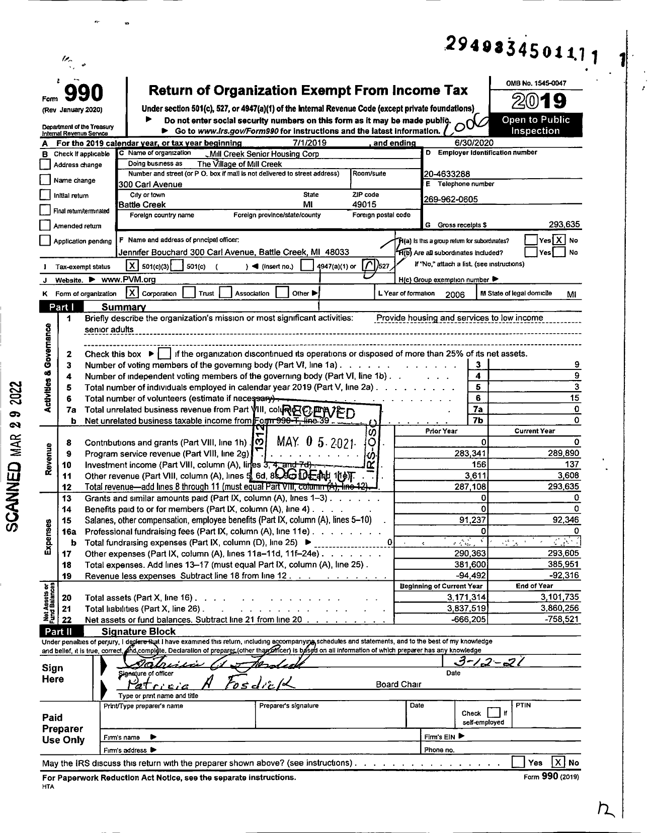 Image of first page of 2019 Form 990 for The Village of Mill Creek