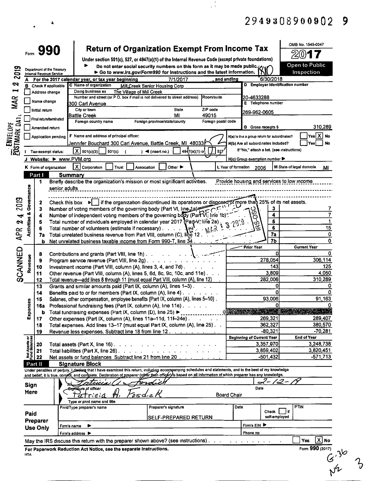 Image of first page of 2017 Form 990 for The Village of Mill Creek