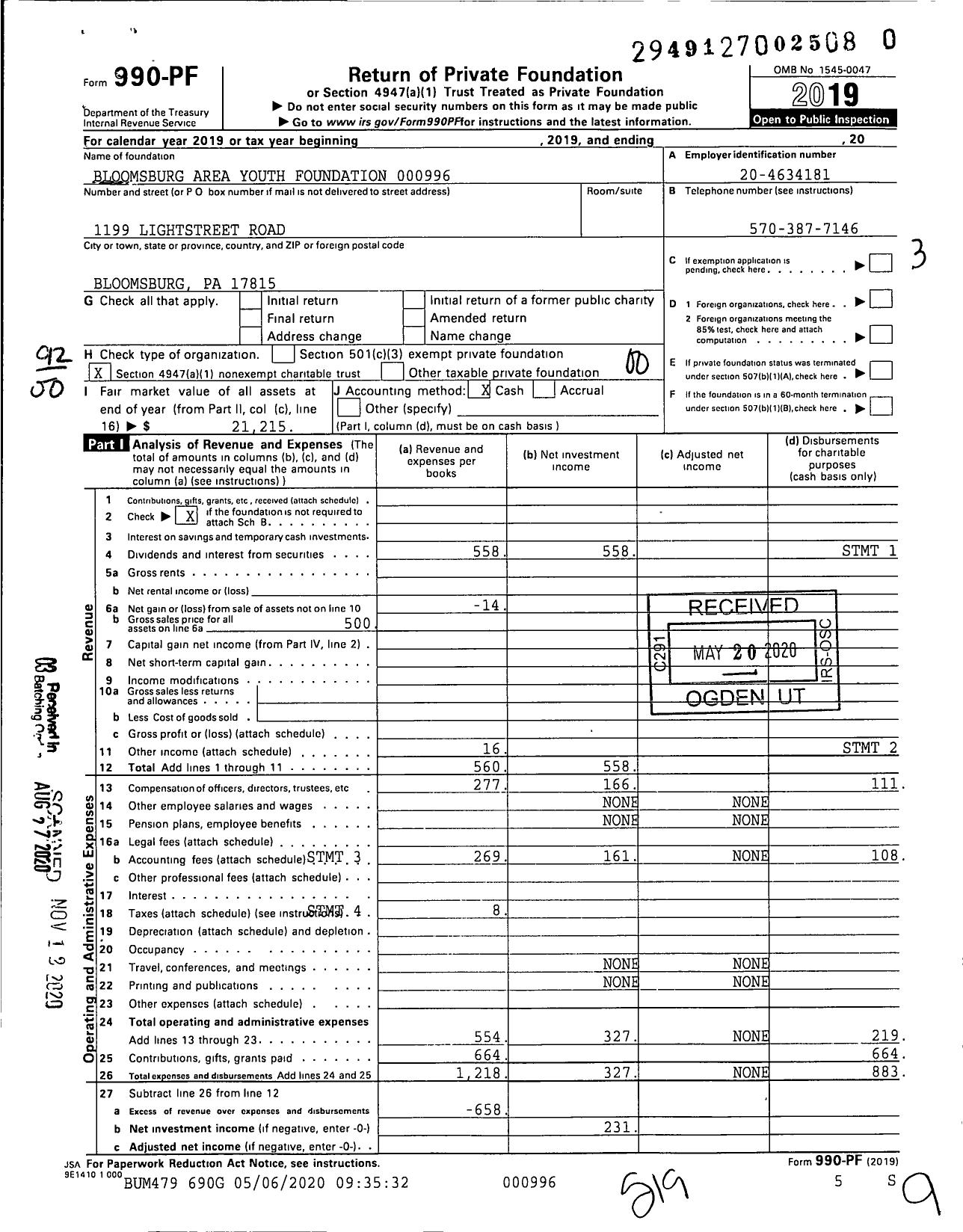 Image of first page of 2019 Form 990PF for Bloomsburg Area Youth Foundation 000996