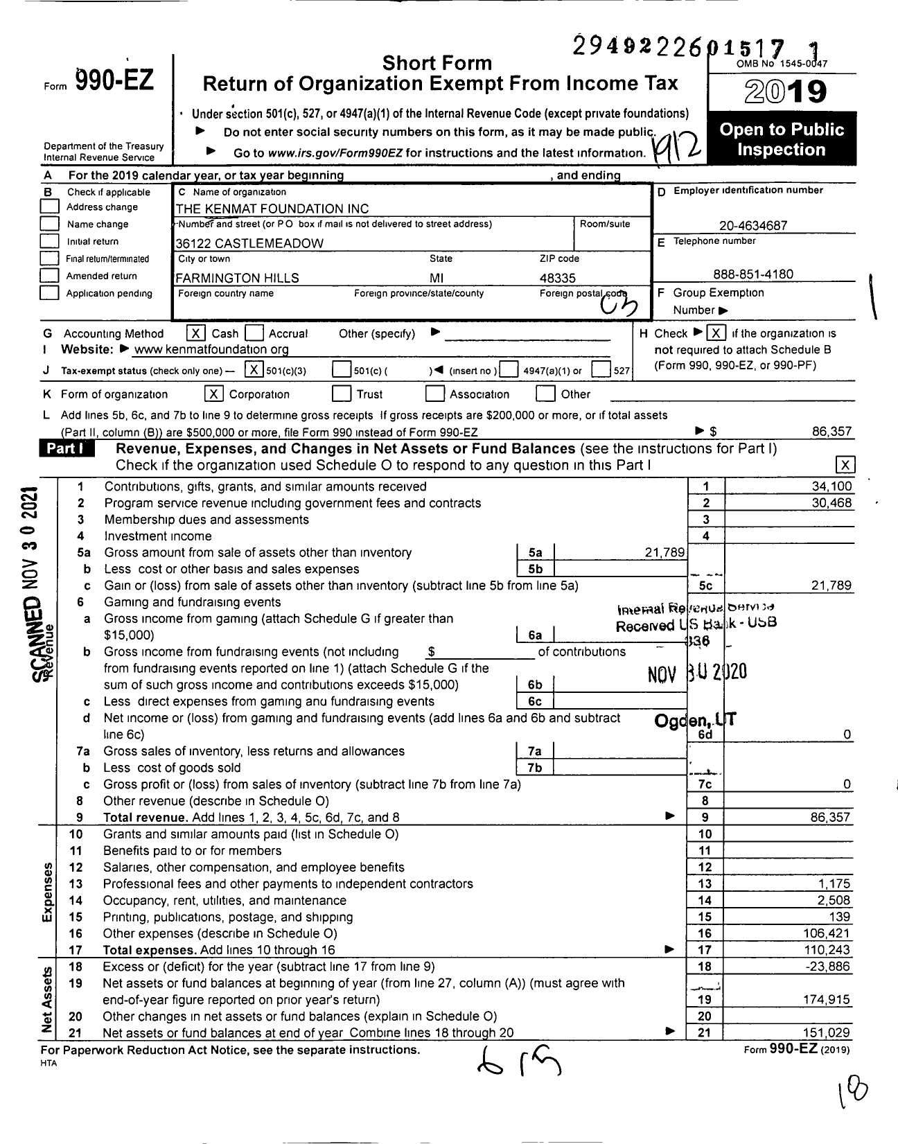 Image of first page of 2019 Form 990EZ for Kenmat Foundation