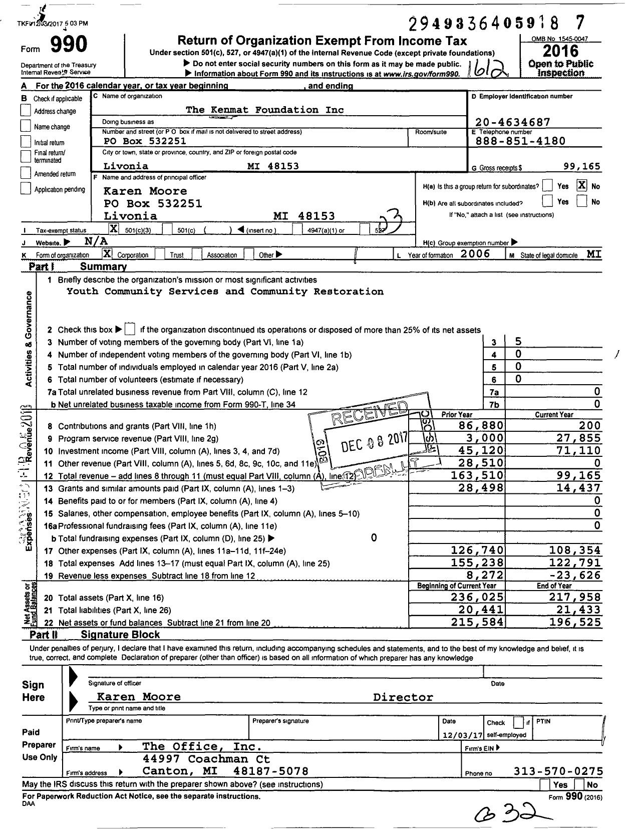 Image of first page of 2016 Form 990 for Kenmat Foundation