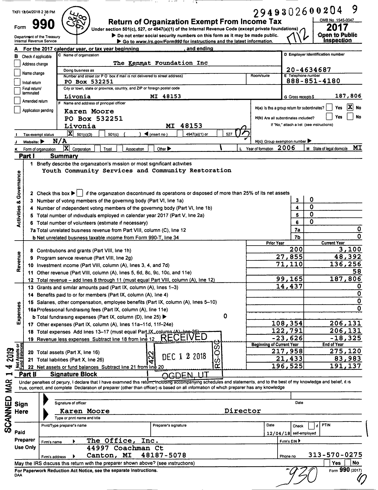 Image of first page of 2017 Form 990 for Kenmat Foundation