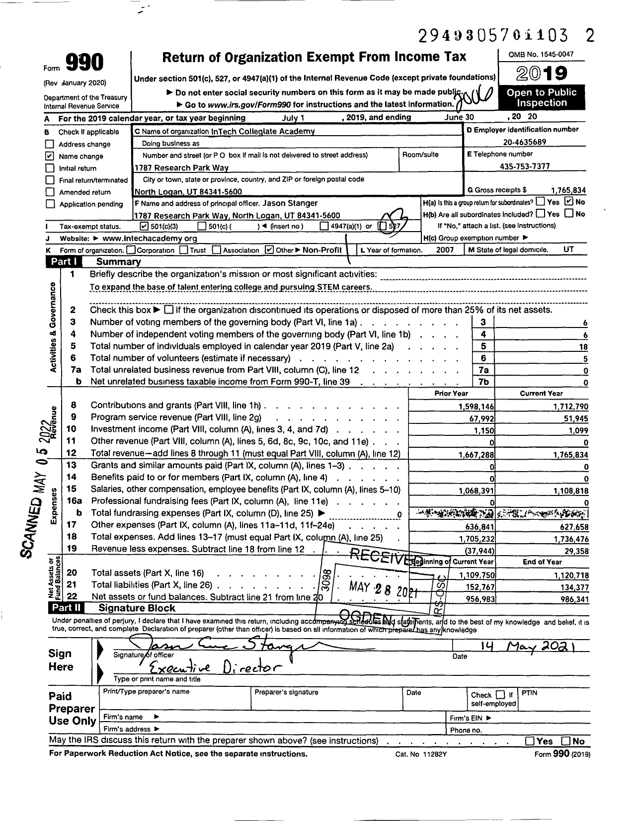 Image of first page of 2019 Form 990 for Intech Collegiate Academy