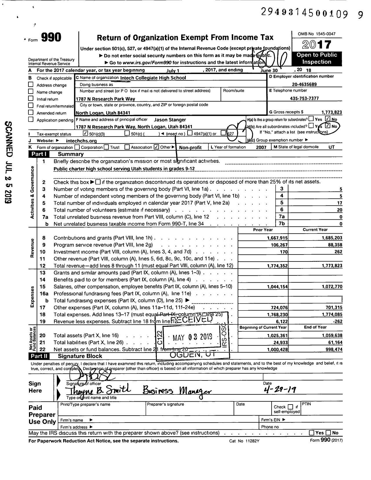 Image of first page of 2017 Form 990 for Intech Collegiate Academy