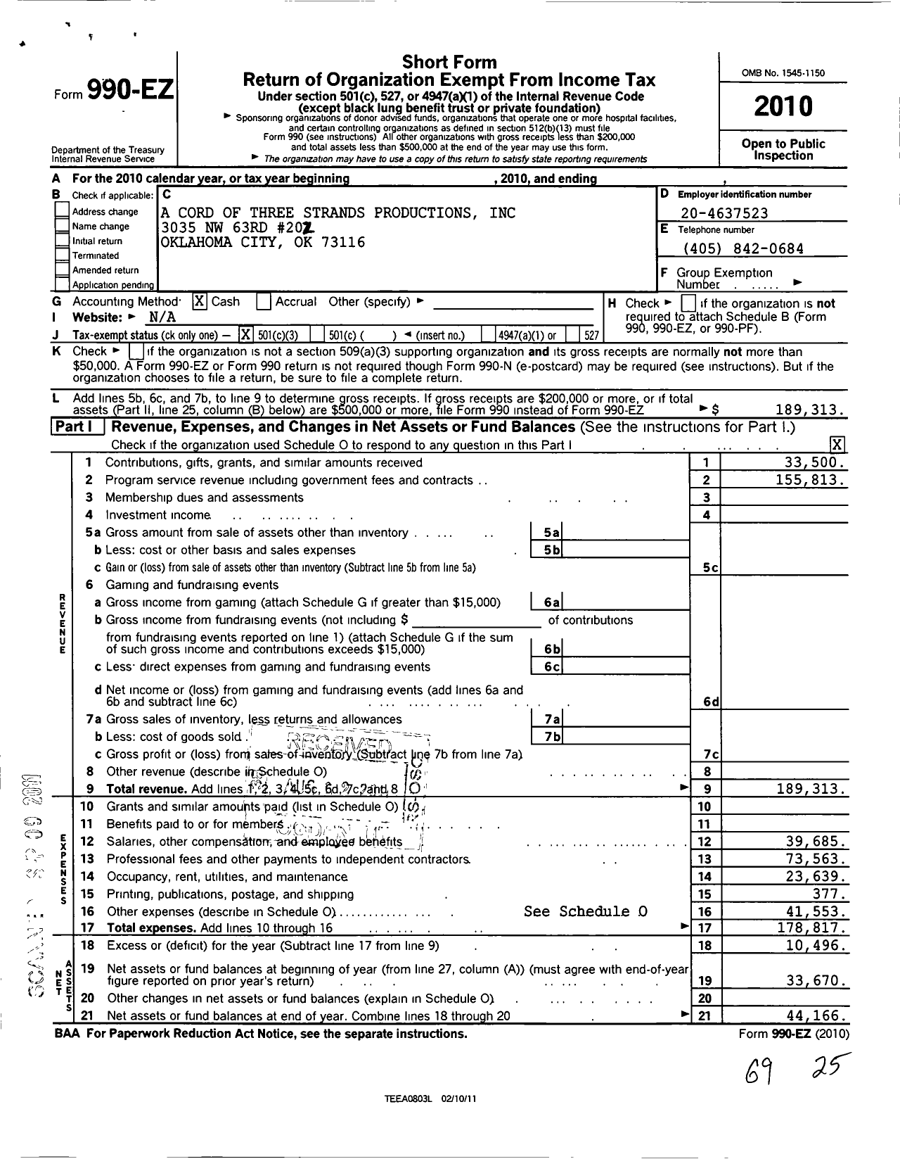 Image of first page of 2010 Form 990EZ for A Cord of Three Strands Productions