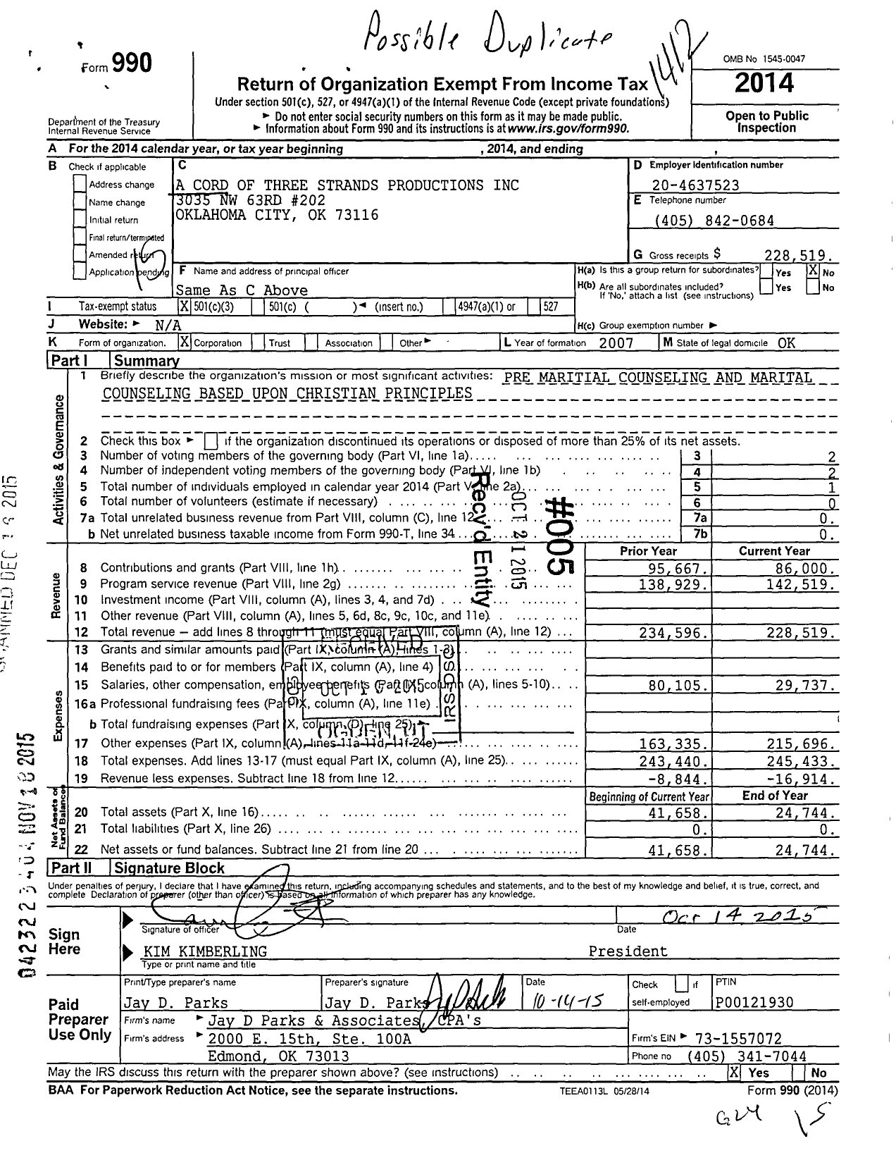 Image of first page of 2014 Form 990 for A Cord of Three Strands Productions