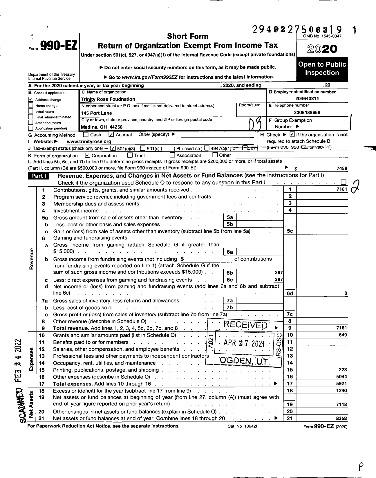 Image of first page of 2020 Form 990EZ for Trinity Rose Foundation Incorporated