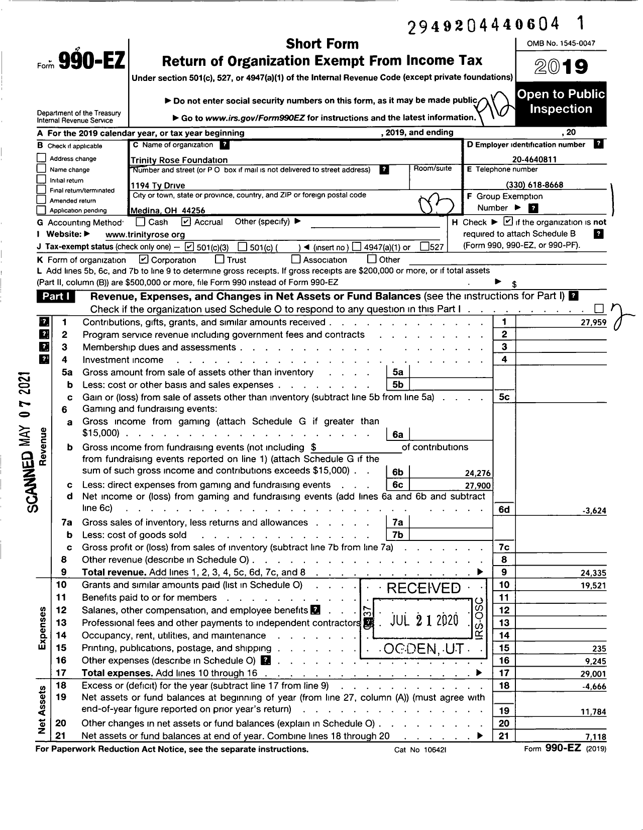 Image of first page of 2019 Form 990EZ for Trinity Rose Foundation Incorporated